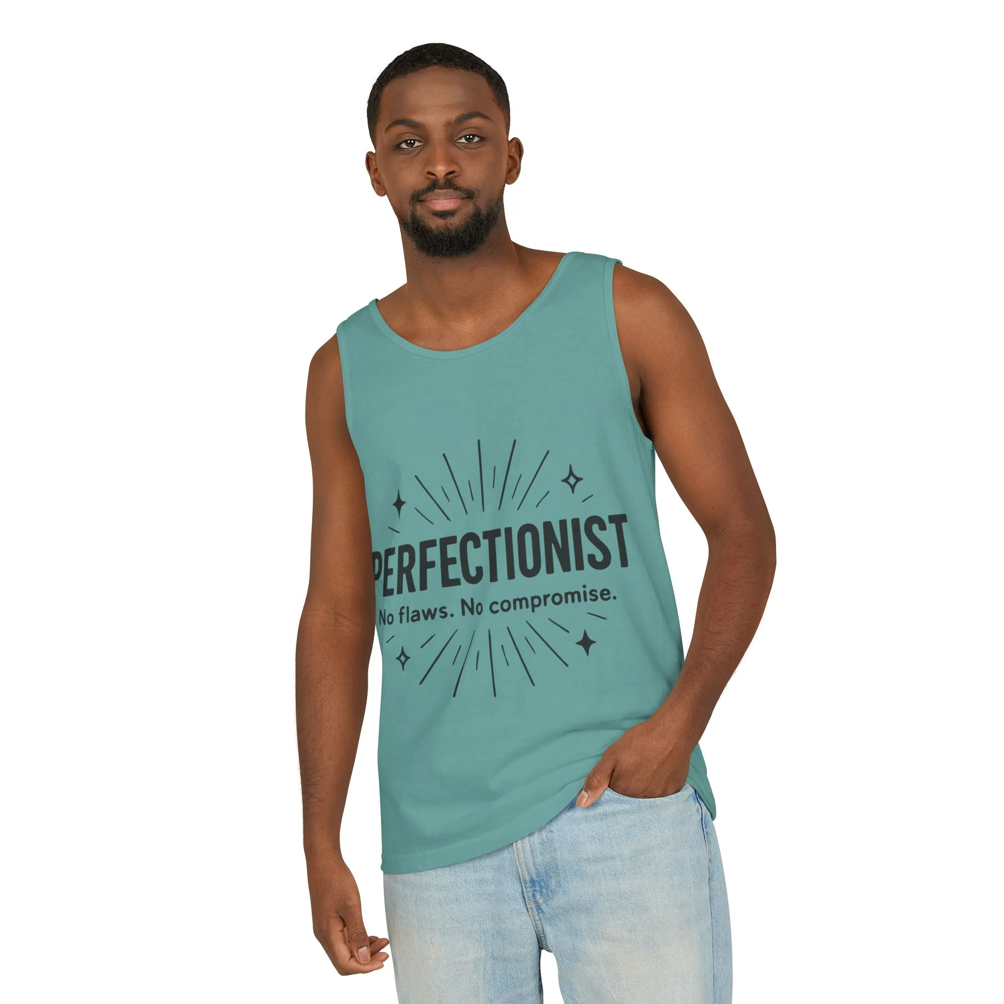 Mens Perfectionist Tank Top, No Flaws No Compromise, Minimal Bold Graphic Tee, Gift for OCD, Clean Freak, or Detail-Oriented Men - Image 8
