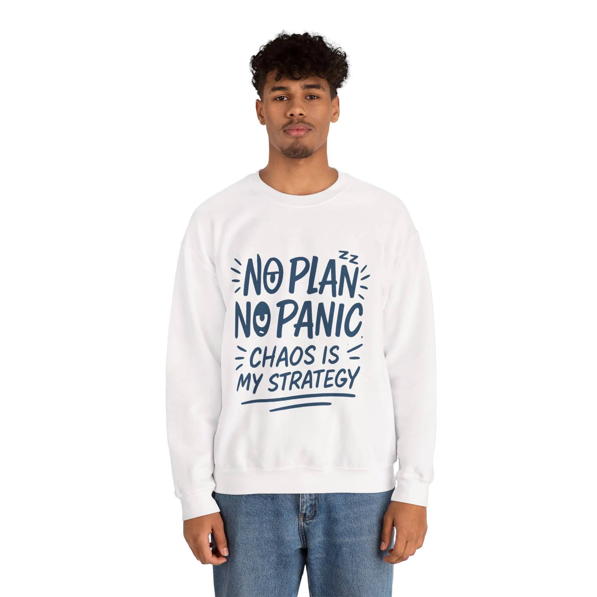 Funny Chaos Strategy Mens Sweatshirt, No Plan No Panic Quote, Cozy Relaxed Fit Pullover, Humorous Gift for Him, Unisex Style - Image 5