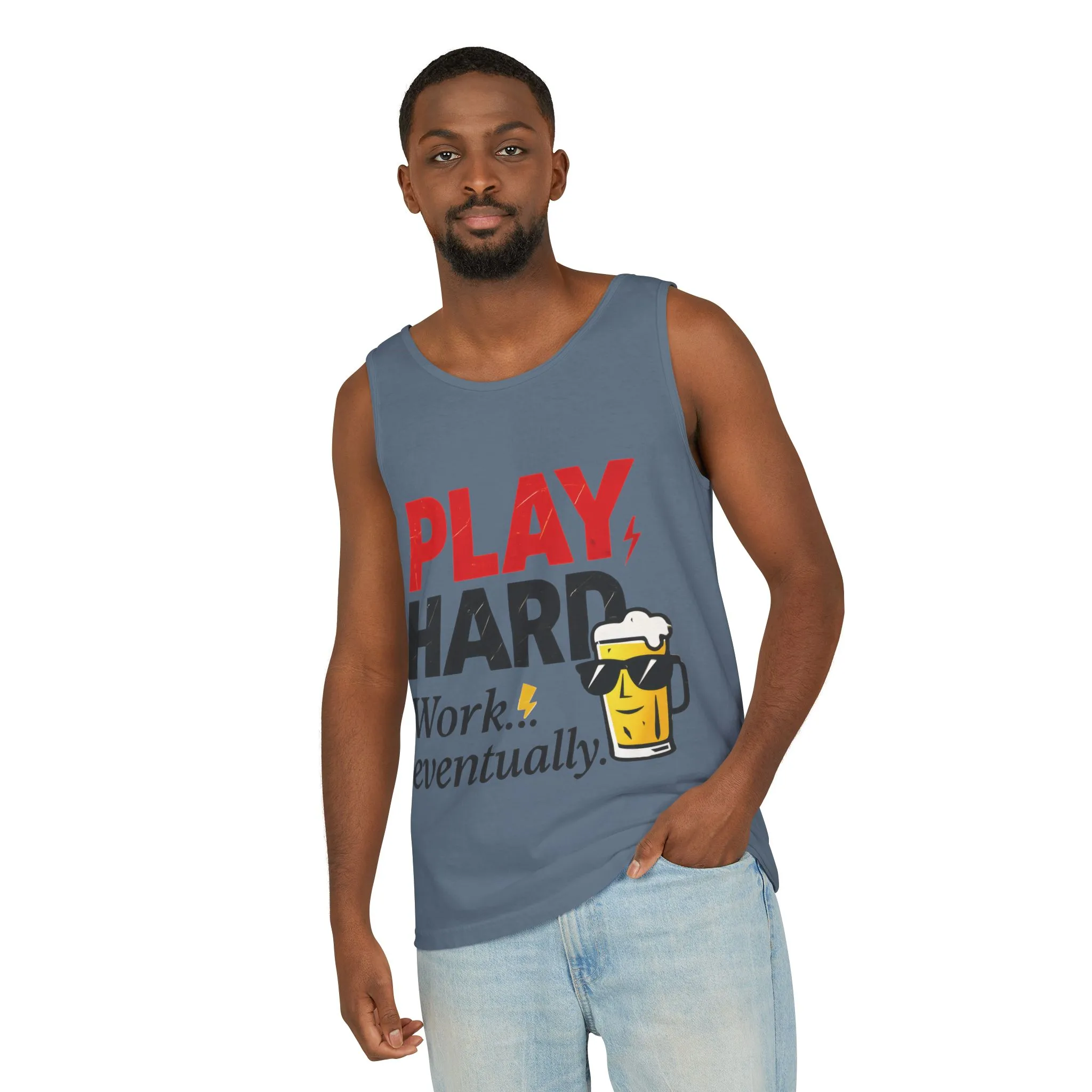 Casual Tank Top with Play Hard Print, Fun Summer Apparel, Gift for Dad or Friends, Beach Wear, Workout Top, Party Attire - Image 20