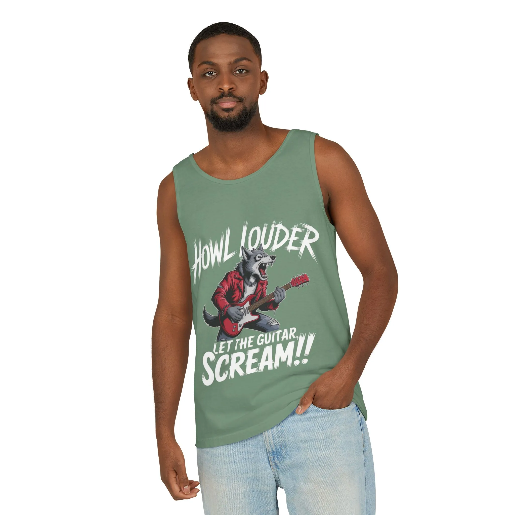 Howl Louder Wolf Tank Top, Mens Muscle Shirt, Rock Guitarist Graphic Sleeveless Tee, Wolf Workout Gym Tank, Music Lover Gift - Image 8