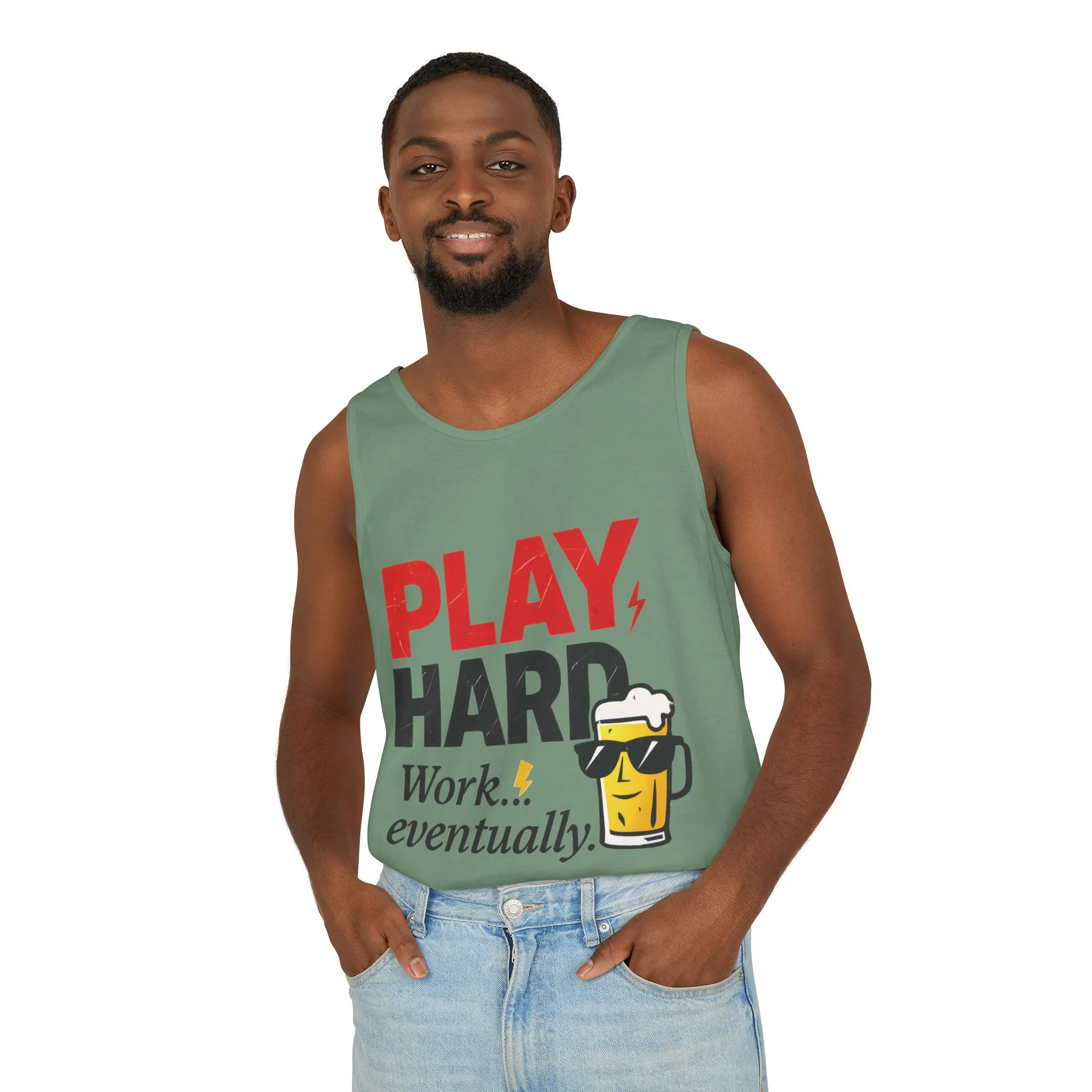 Casual Tank Top with Play Hard Print, Fun Summer Apparel, Gift for Dad or Friends, Beach Wear, Workout Top, Party Attire
