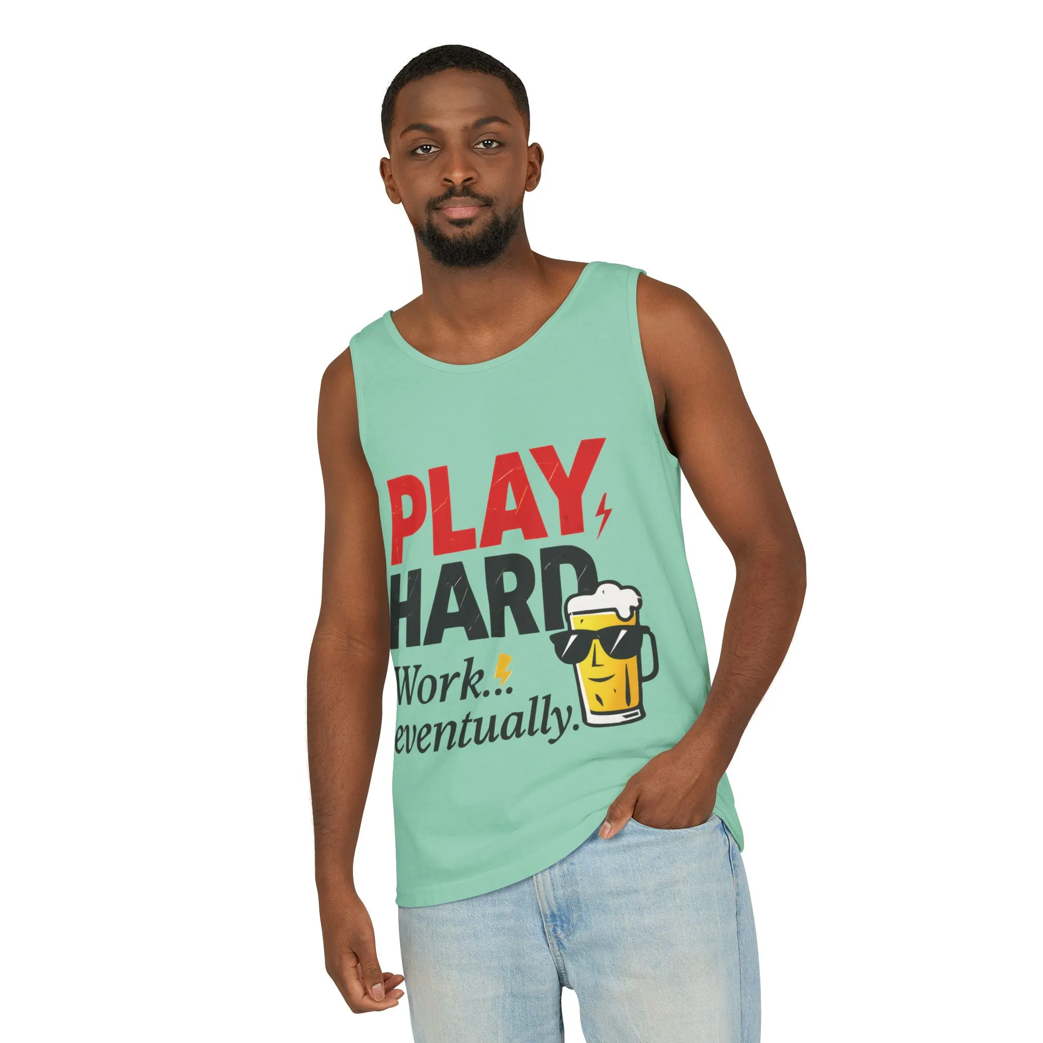 Casual Tank Top with Play Hard Print, Fun Summer Apparel, Gift for Dad or Friends, Beach Wear, Workout Top, Party Attire - Image 32