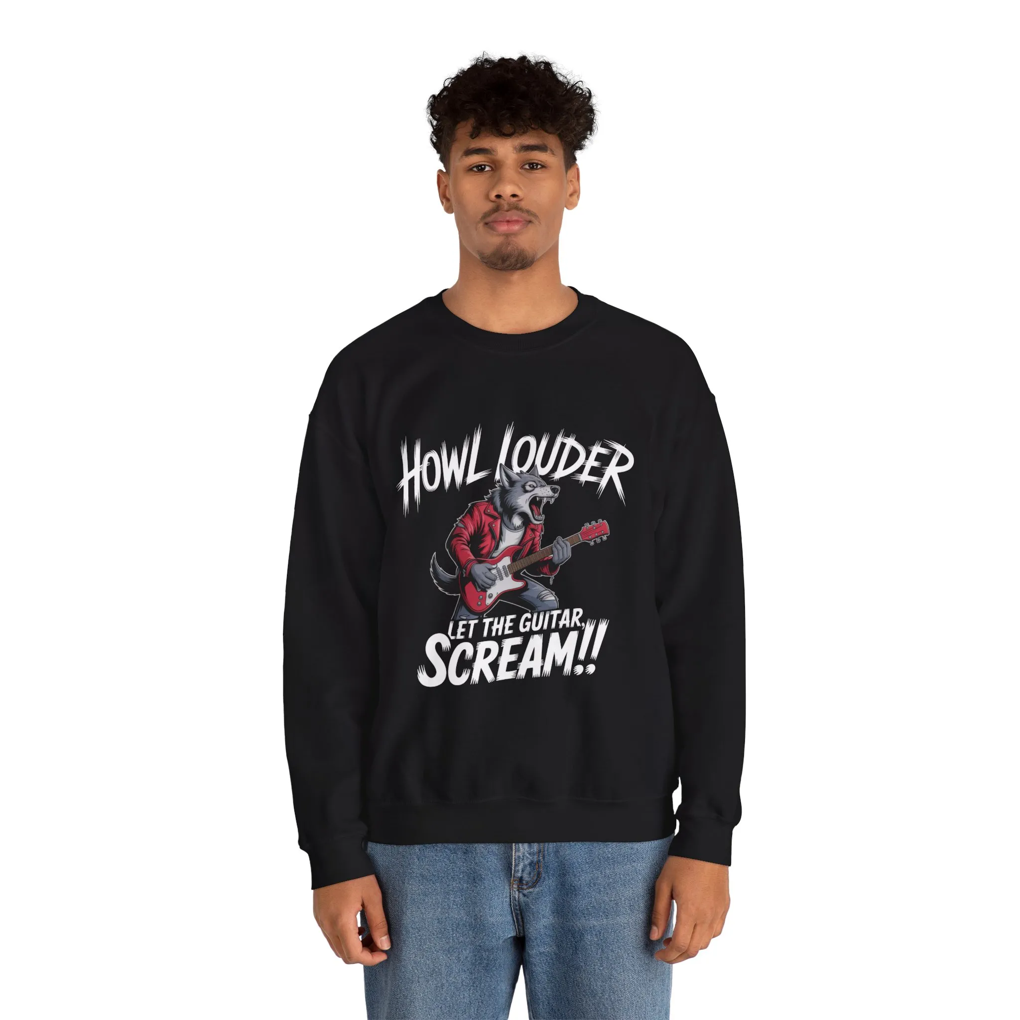 Howl Louder Wolf Sweatshirt, Let The Guitar Scream Pullover, Rock Guitar Animal Hoodie, Rocking Wolf Crewneck Sweatshirt, Music Lover Gift - Image 3