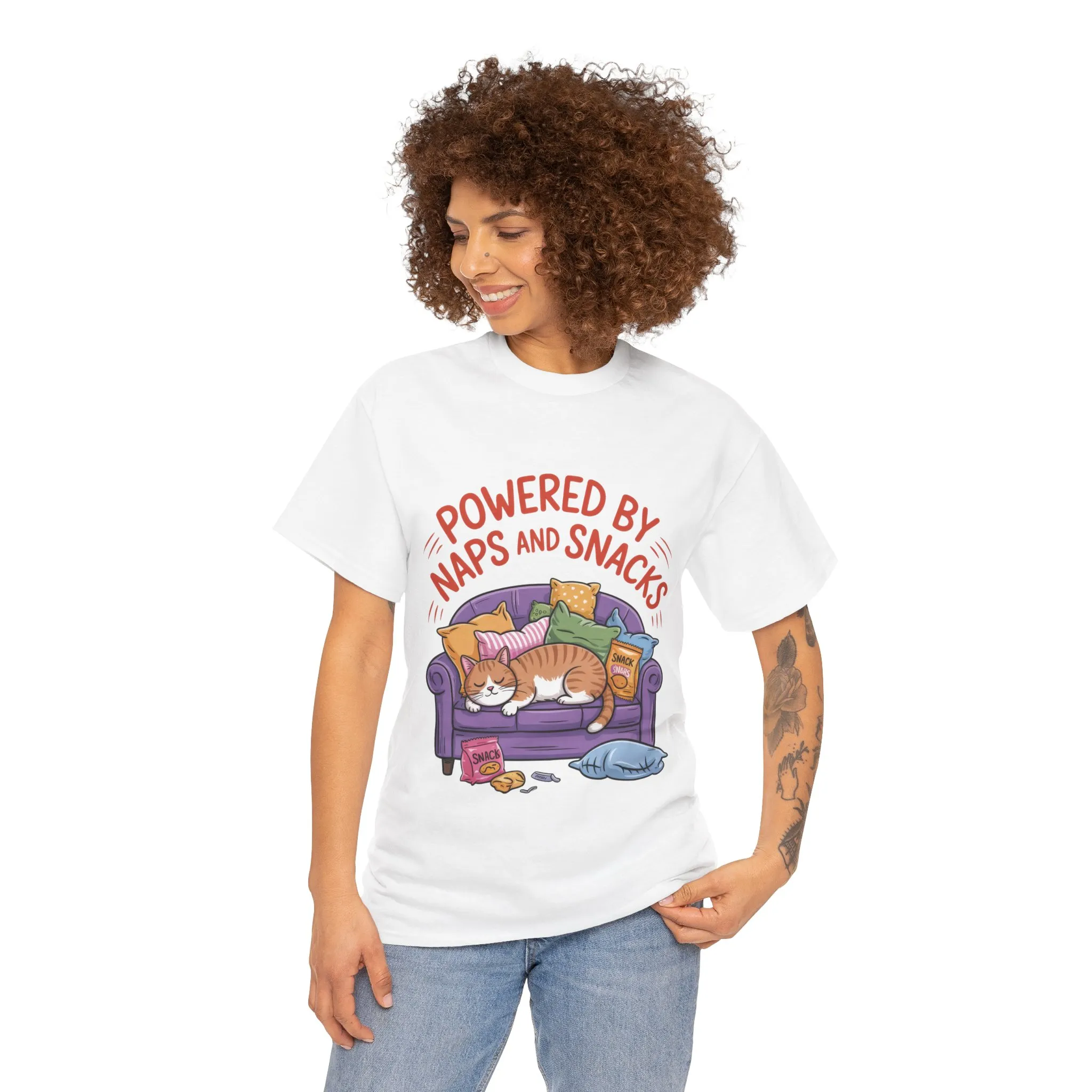 Powered by Naps and Snacks Cat T-Shirt, Funny Lazy Cat Lover Womens Tee, Cute Humor Shirt, Cozy Gift for Her, Cozy Cat Lover T-Shirt - Image 3