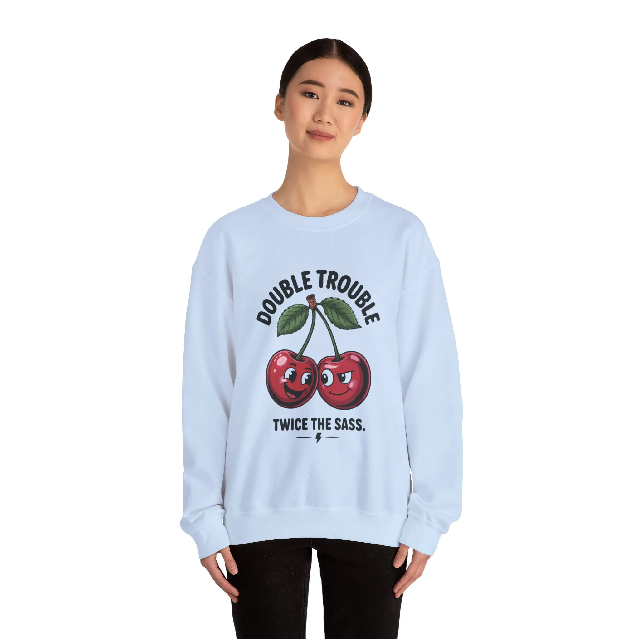 Double Trouble Cherry Sweatshirt, Cute Funny Womens Pullover, Twice The Sass Fruit Graphic Sweater, Playful Red Cherry Crewneck - Image 11