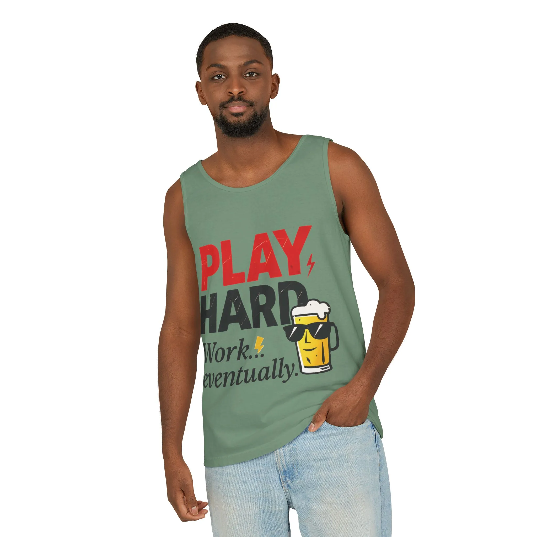 Casual Tank Top with Play Hard Print, Fun Summer Apparel, Gift for Dad or Friends, Beach Wear, Workout Top, Party Attire - Image 3