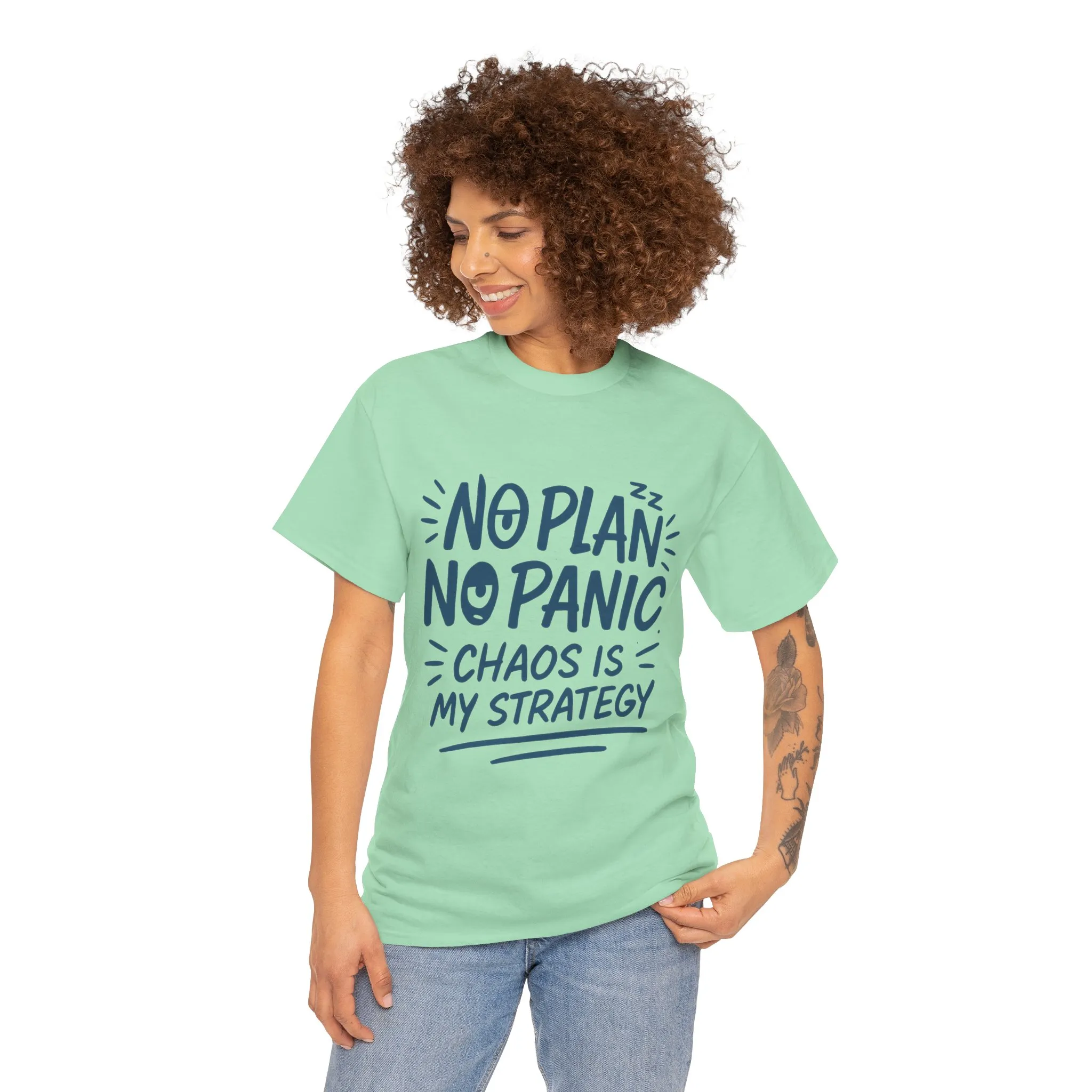 Funny Chaos Strategy T-Shirt, No Plan No Panic Quote Shirt, Cute Tee for Women, Humorous Gift Idea, Casual Relaxed Fit Top - Image 32