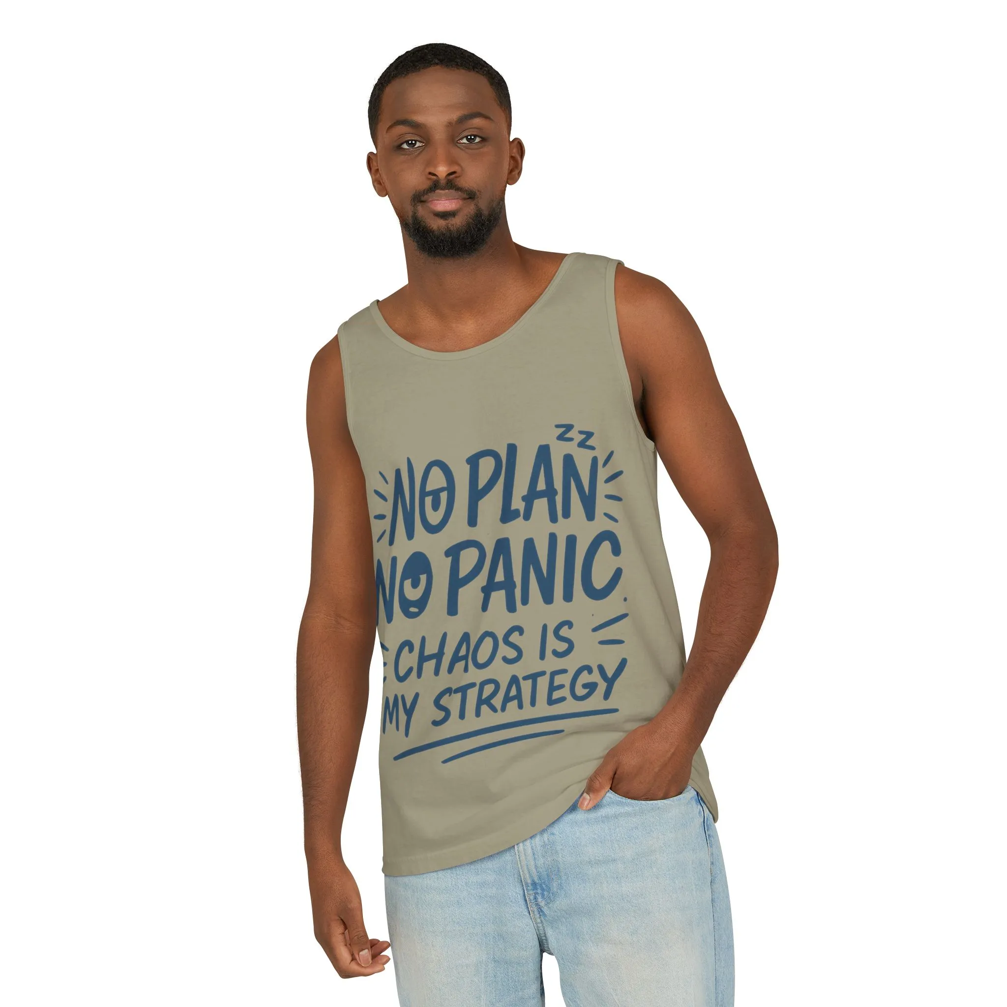 Funny Chaos Quote Mens Tank Top, No Plan No Panic Humor Shirt, Casual Graphic Tee Gift for Him, Relaxed Fit, Workout Gym Humor Shirt - Image 3