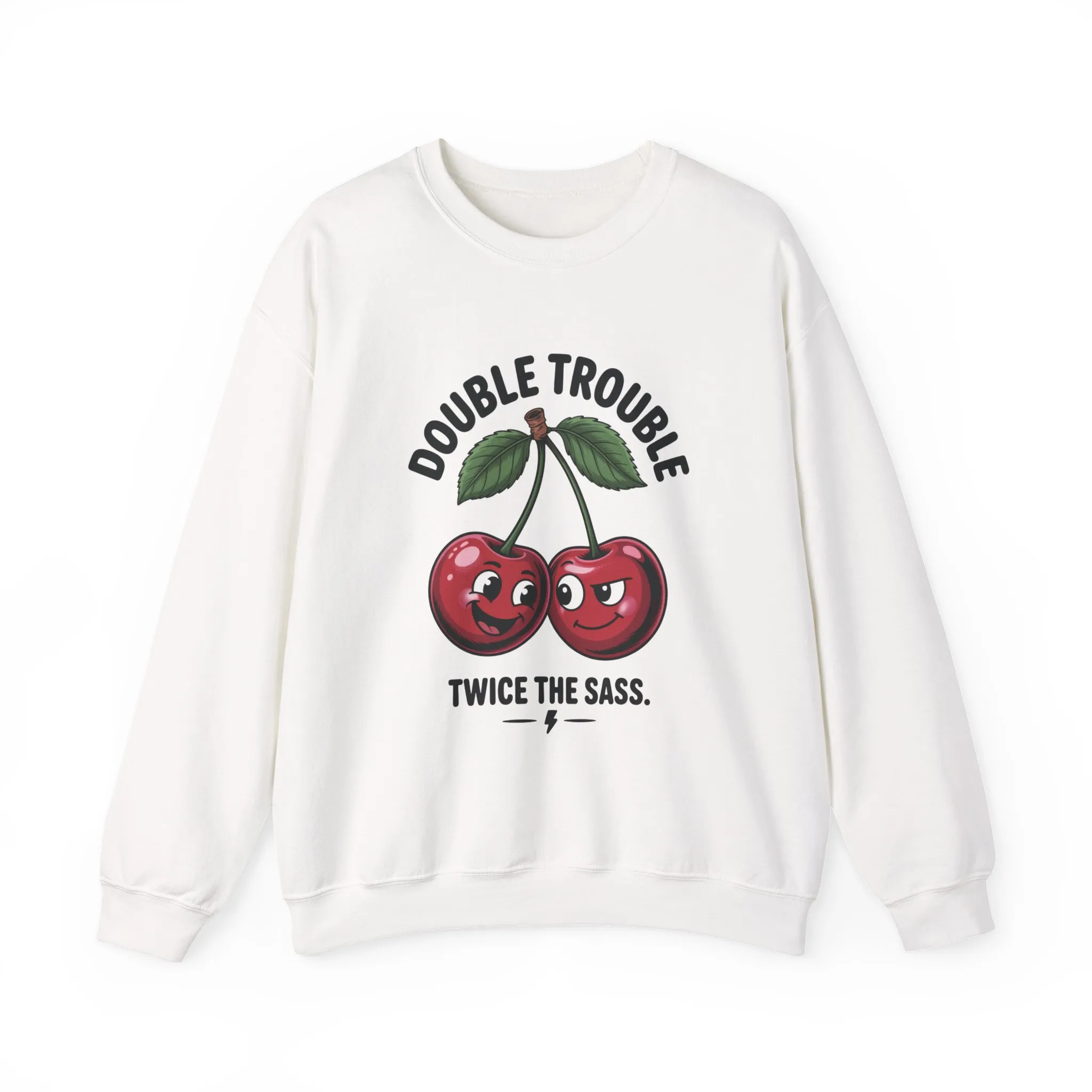 Double Trouble Cherry Sweatshirt, Cute Funny Womens Pullover, Twice The Sass Fruit Graphic Sweater, Playful Red Cherry Crewneck
