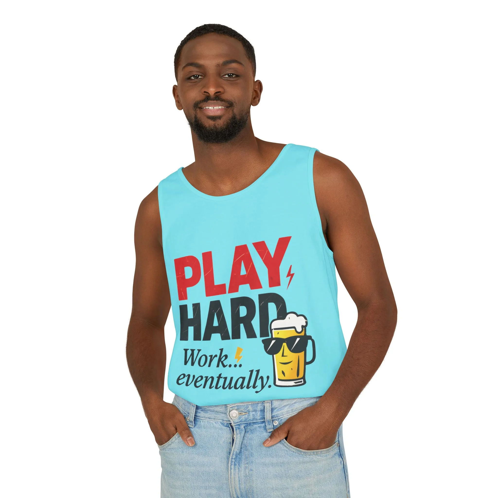 Casual Tank Top with Play Hard Print, Fun Summer Apparel, Gift for Dad or Friends, Beach Wear, Workout Top, Party Attire - Image 42