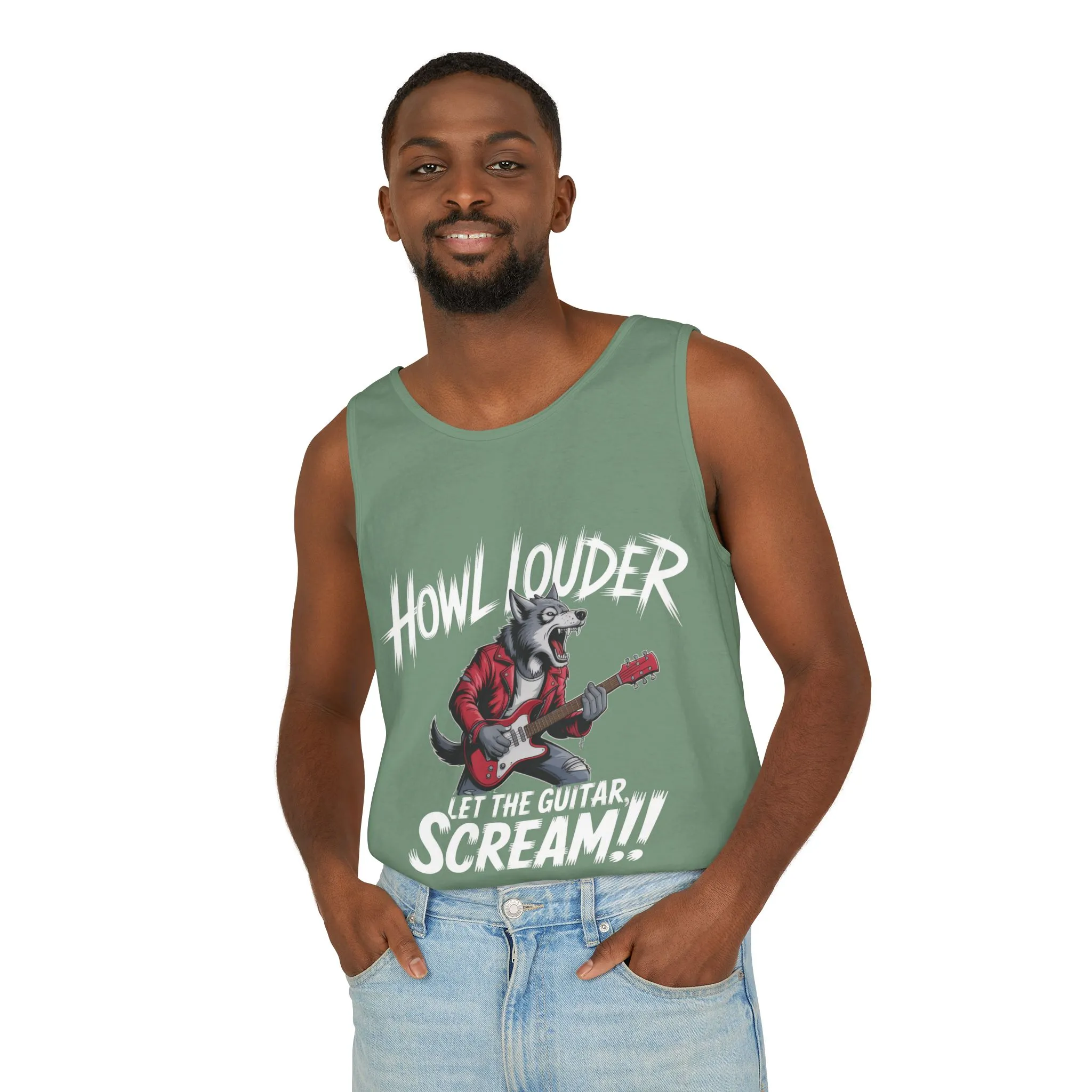 Howl Louder Wolf Tank Top, Mens Muscle Shirt, Rock Guitarist Graphic Sleeveless Tee, Wolf Workout Gym Tank, Music Lover Gift - Image 9