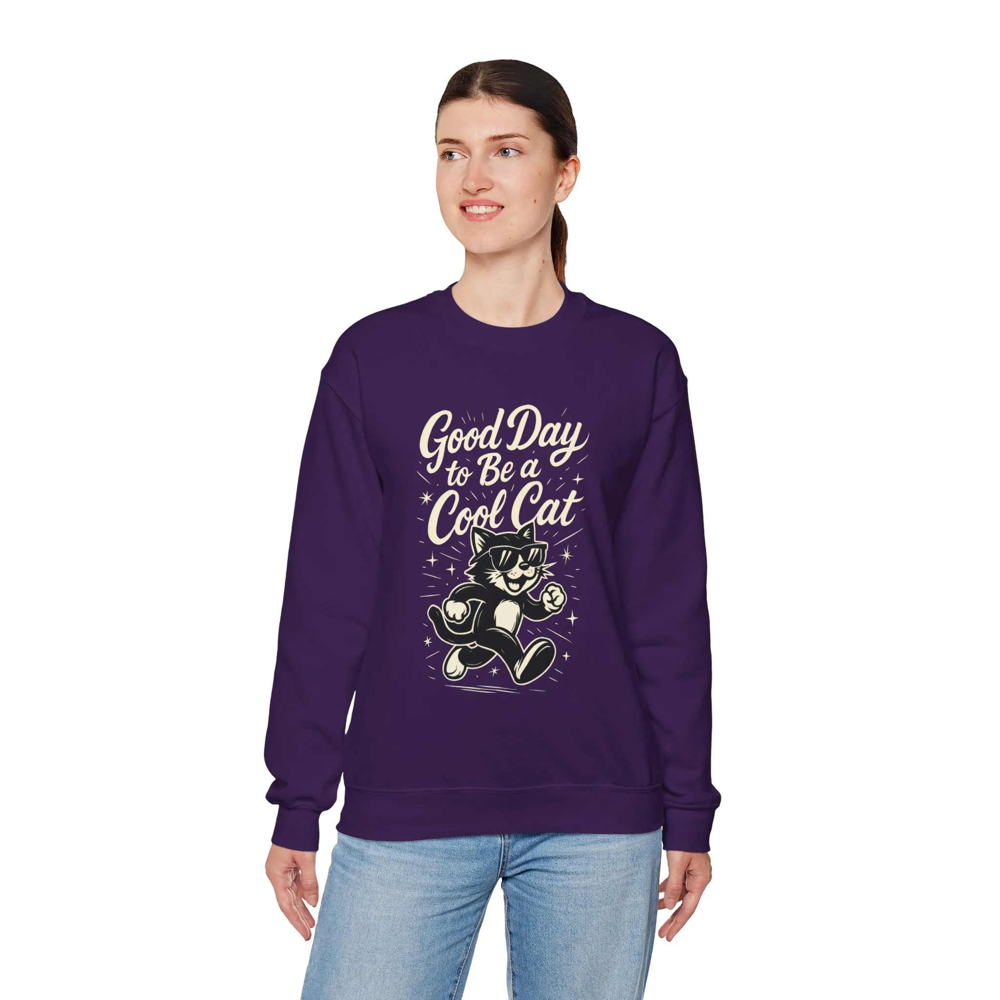 Funny Cool Cat Womens Crewneck Sweatshirt - Good Day to Be a Cool Cat Retro Kitty Pullover - Cute Cat Lover Sweater - Image 21