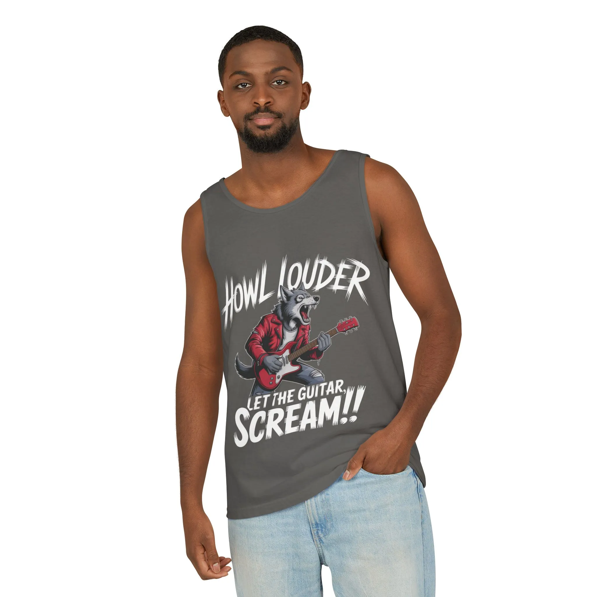 Howl Louder Wolf Tank Top, Mens Muscle Shirt, Rock Guitarist Graphic Sleeveless Tee, Wolf Workout Gym Tank, Music Lover Gift - Image 5