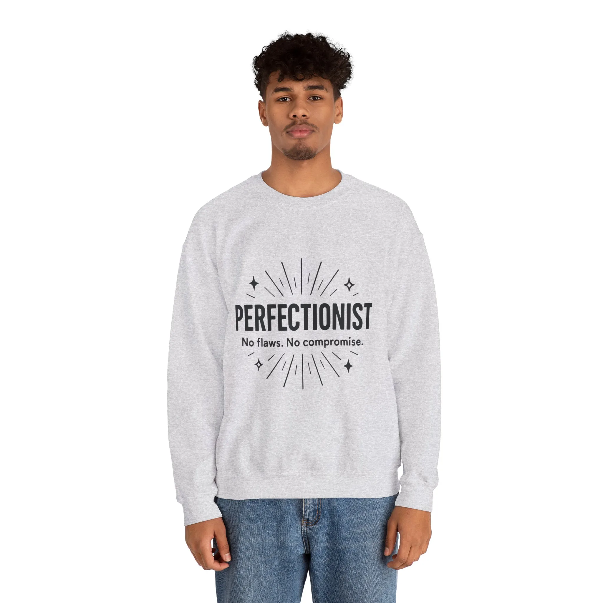 Men's Perfectionist Sweatshirt, Bold No Flaws No Compromise Design, Clean Look Funny Gift for Him, Minimal Black Graphic Pullover - Image 5