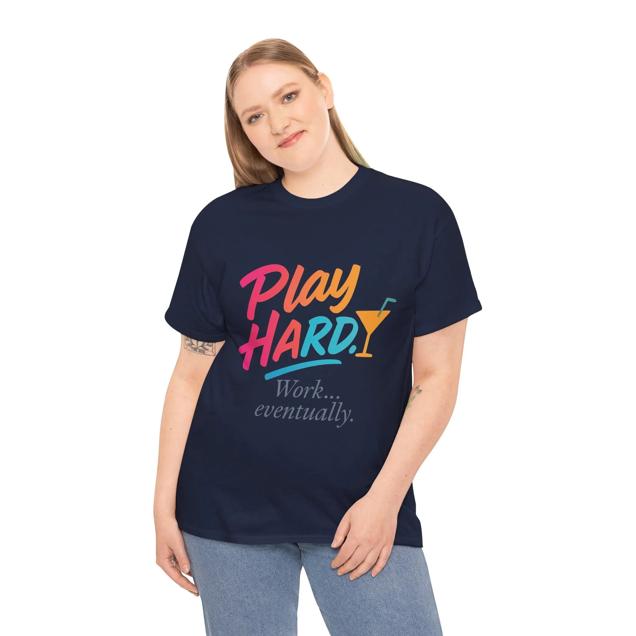 Play Hard Work Eventually T-Shirt, Funny Cocktail Graphic Tee, Pink Womens Party Shirt, Relaxed Vacation Top - Image 3