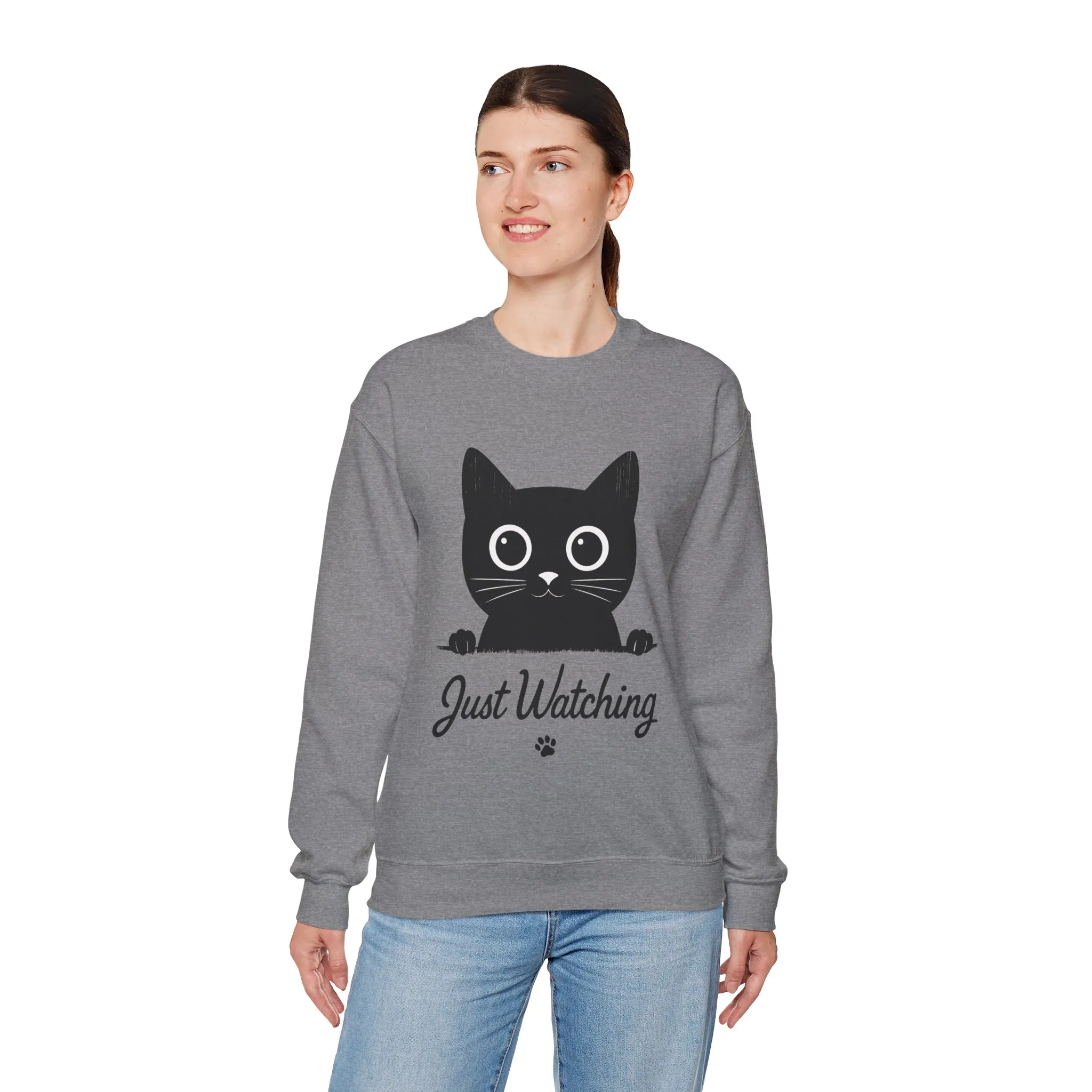 Funny Black Cat Womens Crewneck Sweatshirt - Just Watching Minimalist Kitty Pullover - Cozy Cat Lover Gift, Pet Owner Apparel - Image 12
