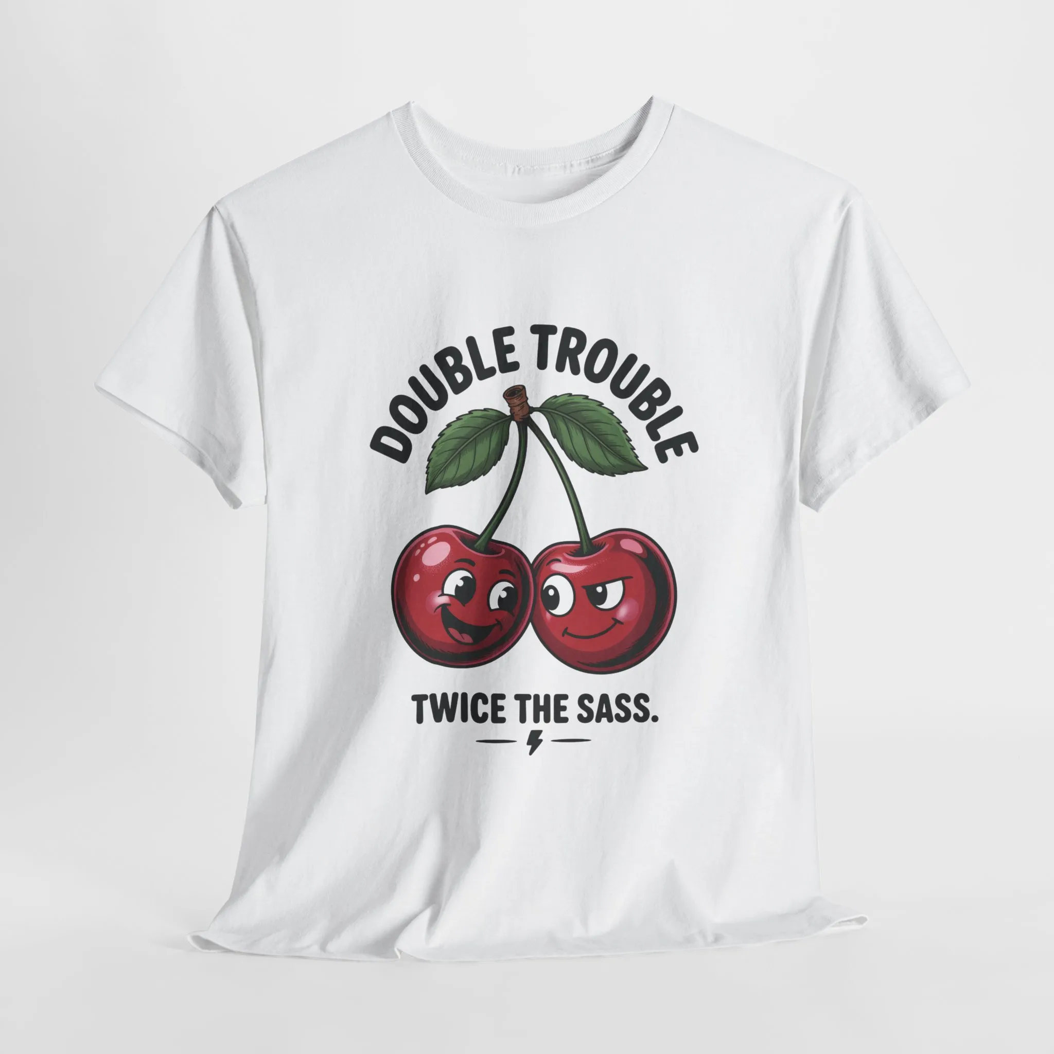 Double Trouble Cherry Graphic Tee, Funny Cute Womens T-Shirt, Twice the Sass Quote Shirt, Sassy Cherry Cartoon Gift