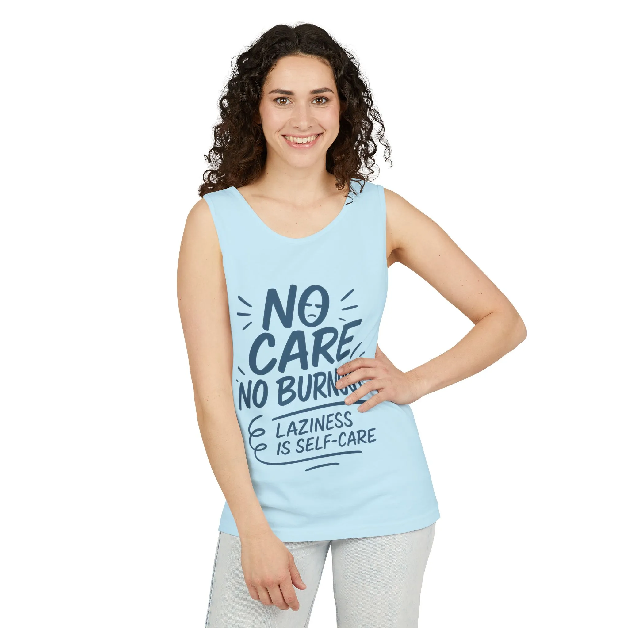No Care No Burnout Womens Tank Top, Funny Self-Care Quote, Lazy Life Gym Workout Shirt, Casual Sleeveless Top, Relaxed Summer Apparel