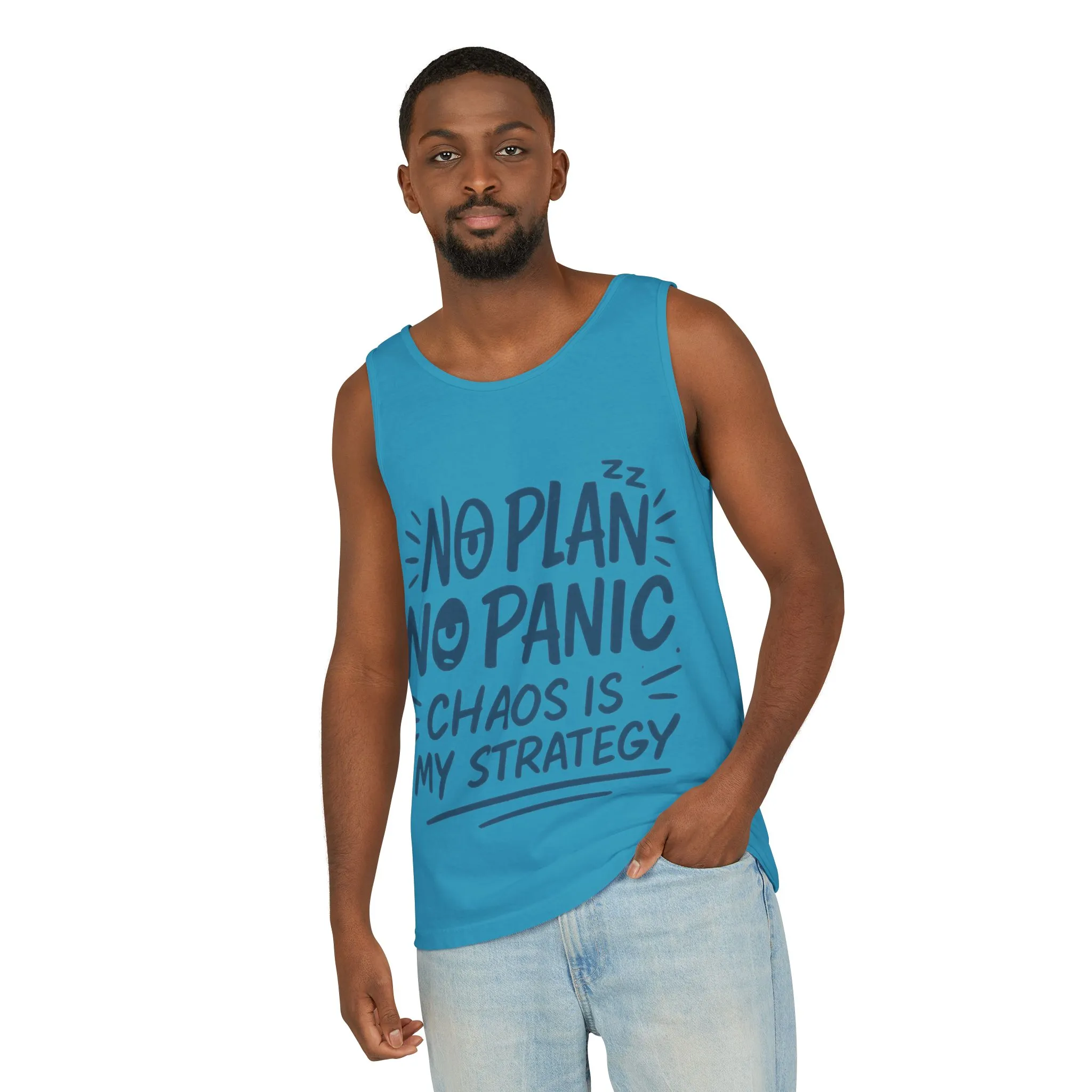 Funny Chaos Quote Mens Tank Top, No Plan No Panic Humor Shirt, Casual Graphic Tee Gift for Him, Relaxed Fit, Workout Gym Humor Shirt - Image 17