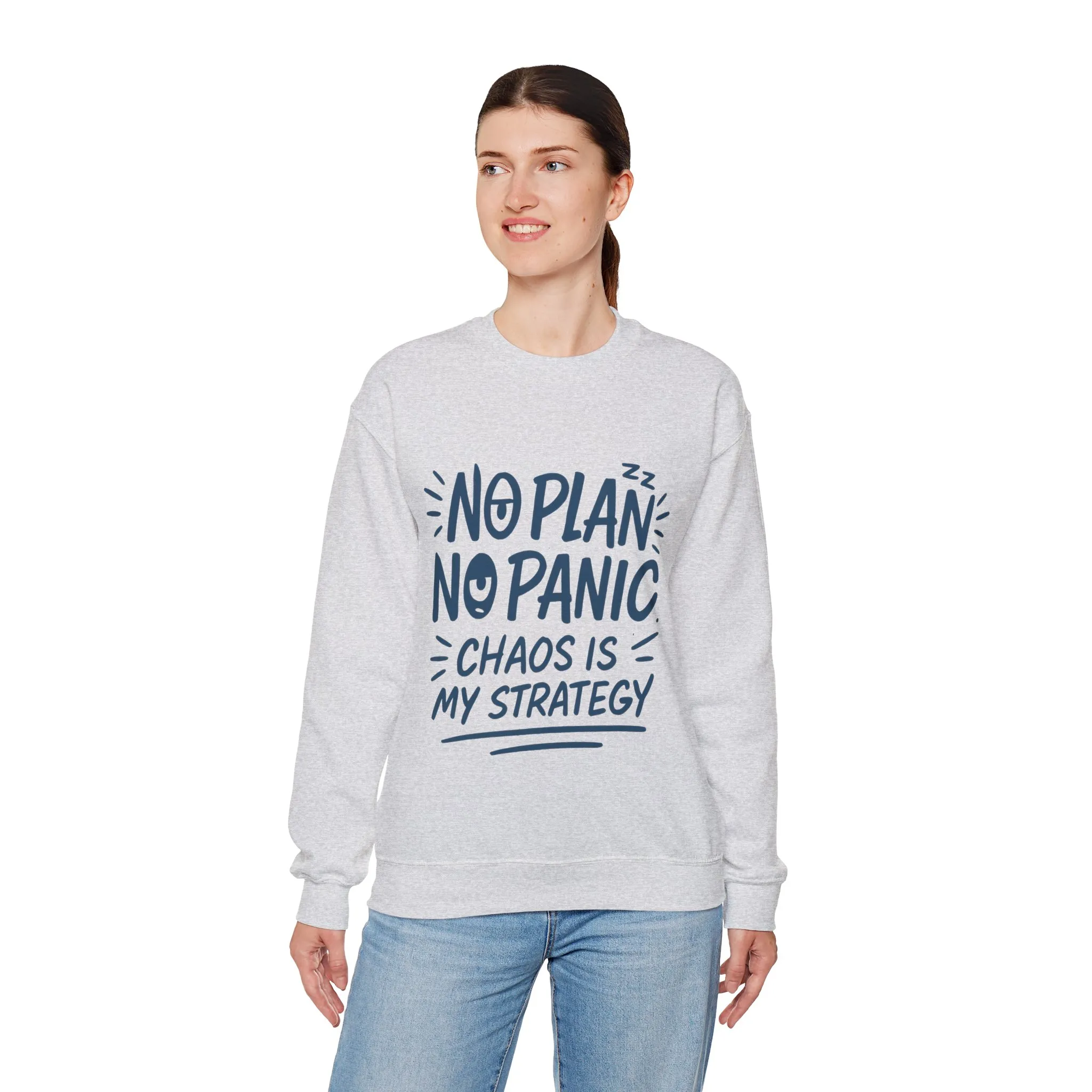 Funny Women's Crewneck Sweatshirt, Chaos Strategy Sweatshirt, No Plan No Panic, Cute Winter Layering for Women, Humorous Gift Idea - Image 9