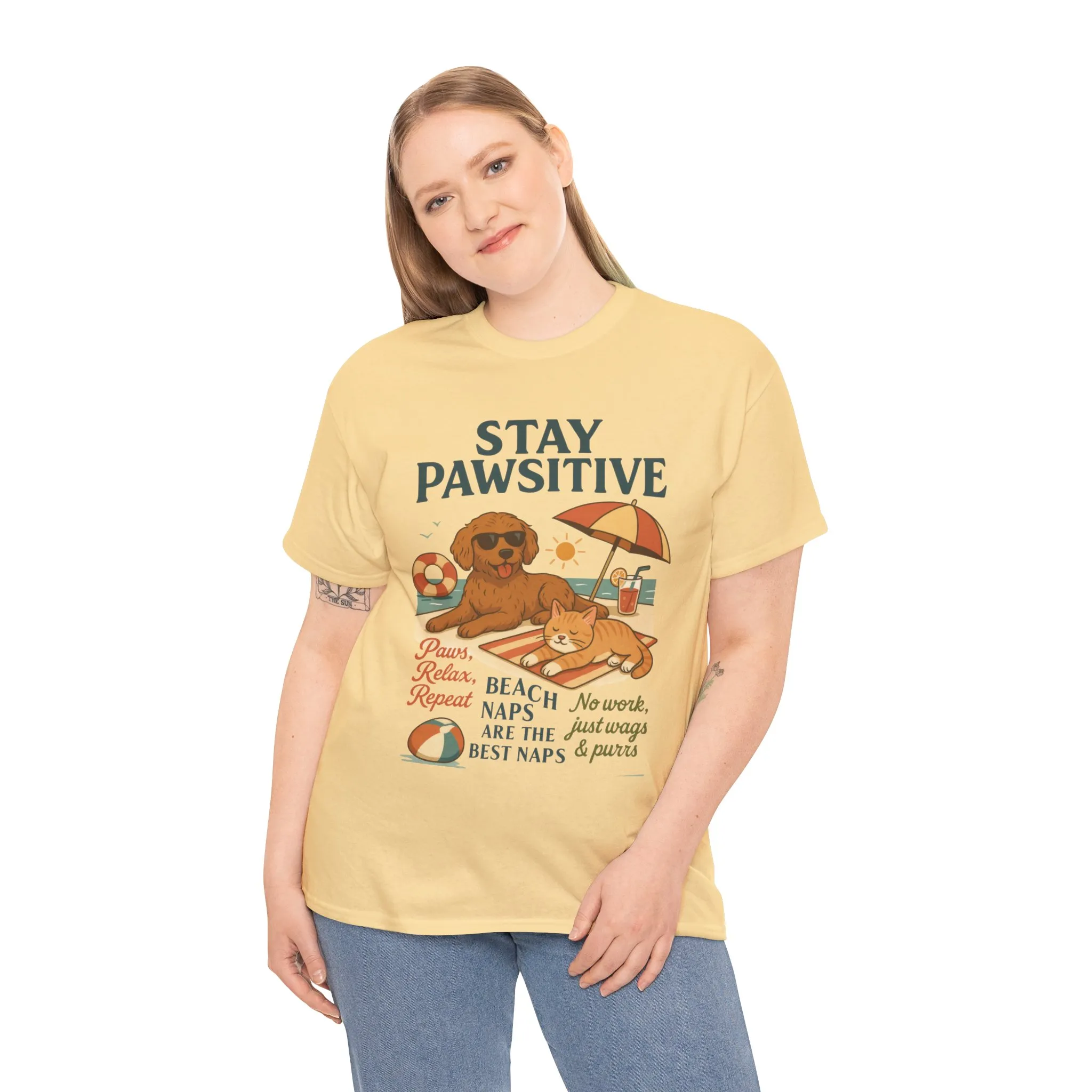Stay Pawsitive Womens T-Shirt, Cute Dog & Cat Beach Shirt, Summer Pet Lover Tee, Animal Graphic Heavy Cotton Tee, Fun Pet Lovers Gift - Image 15