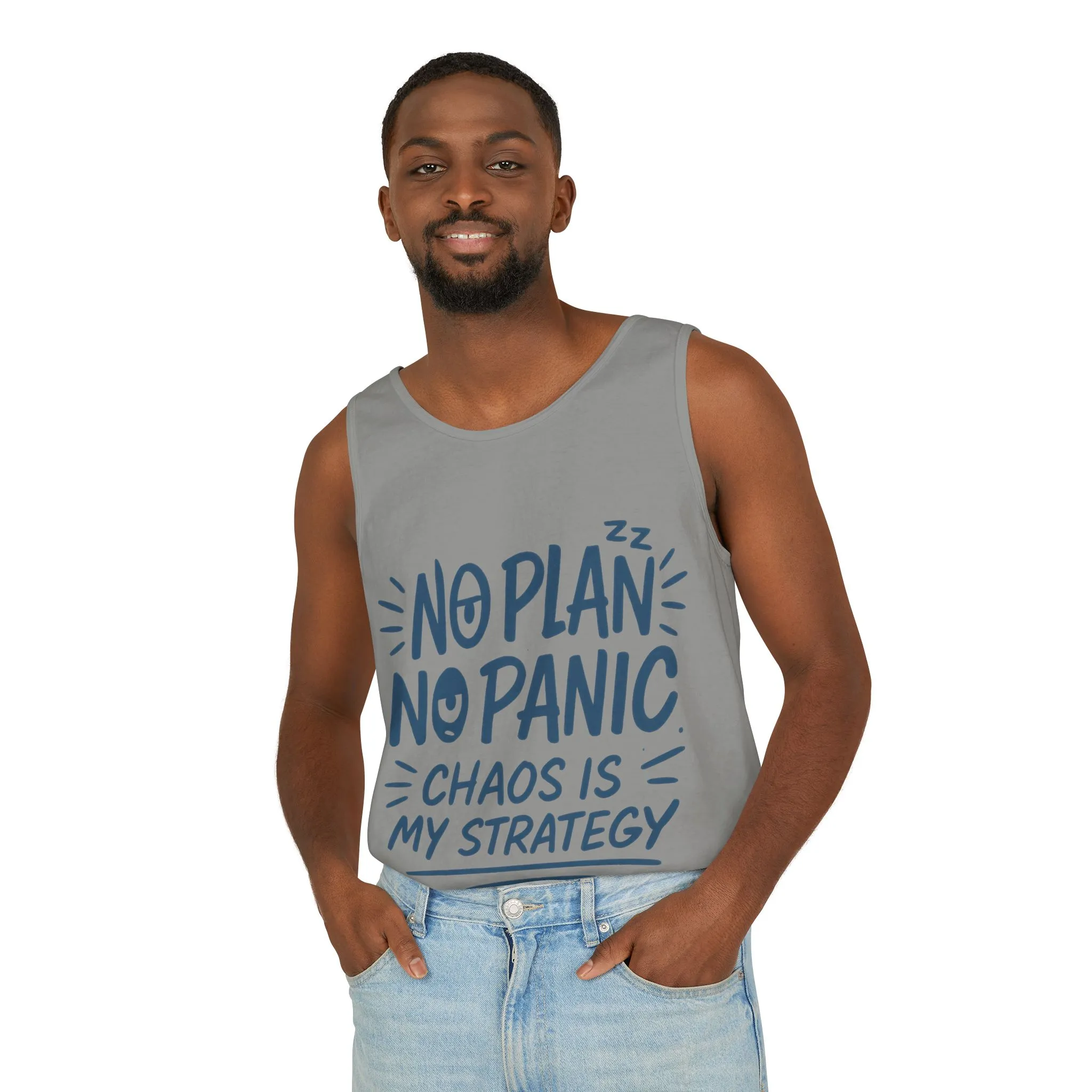 Funny Chaos Quote Mens Tank Top, No Plan No Panic Humor Shirt, Casual Graphic Tee Gift for Him, Relaxed Fit, Workout Gym Humor Shirt - Image 27