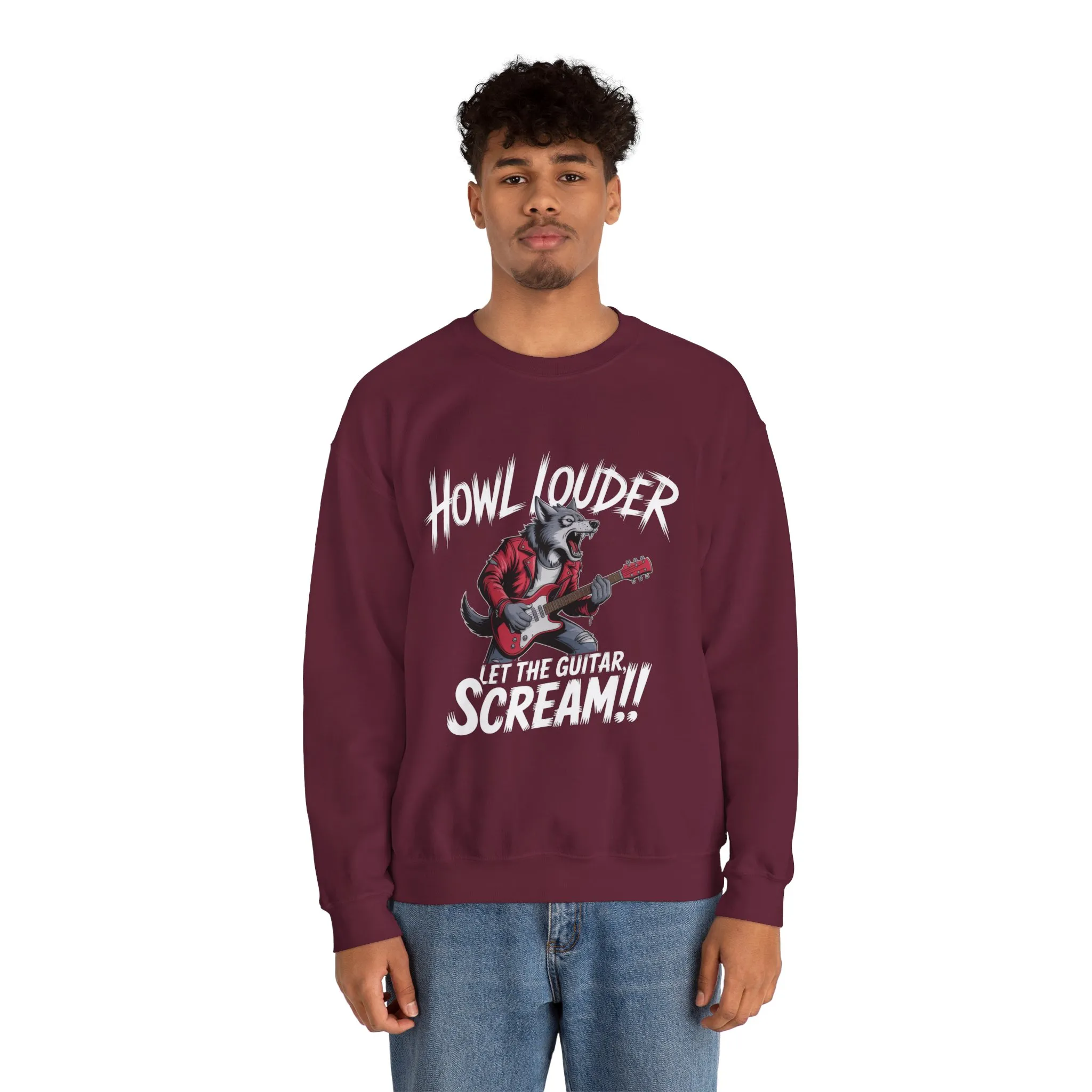 Howl Louder Wolf Sweatshirt, Let The Guitar Scream Pullover, Rock Guitar Animal Hoodie, Rocking Wolf Crewneck Sweatshirt, Music Lover Gift - Image 5