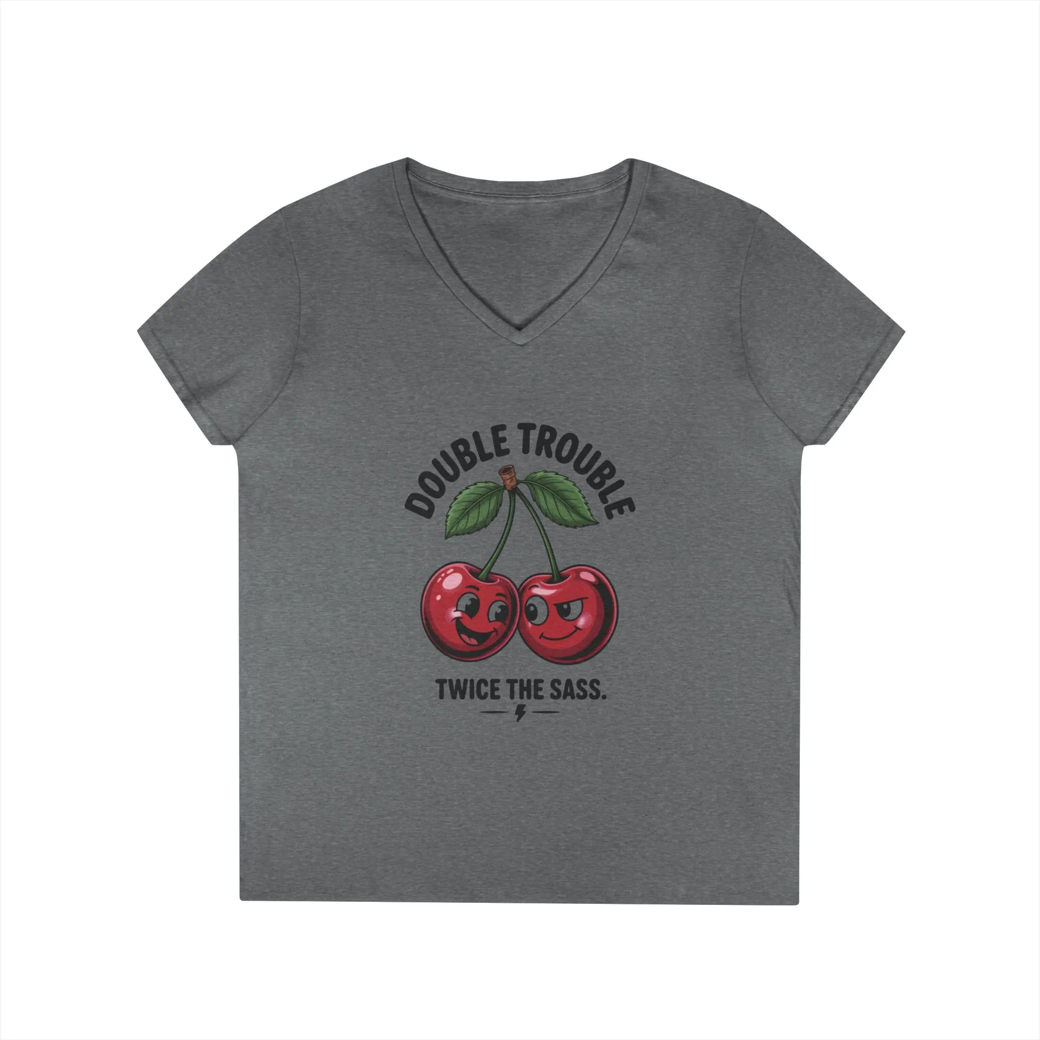 Double Trouble Cherry Ladies V-Neck T-Shirt, Funny Cute Womens T-Shirt, Twice the Sass Quote Shirt, Sassy Cherry Cartoon Gift - Image 7