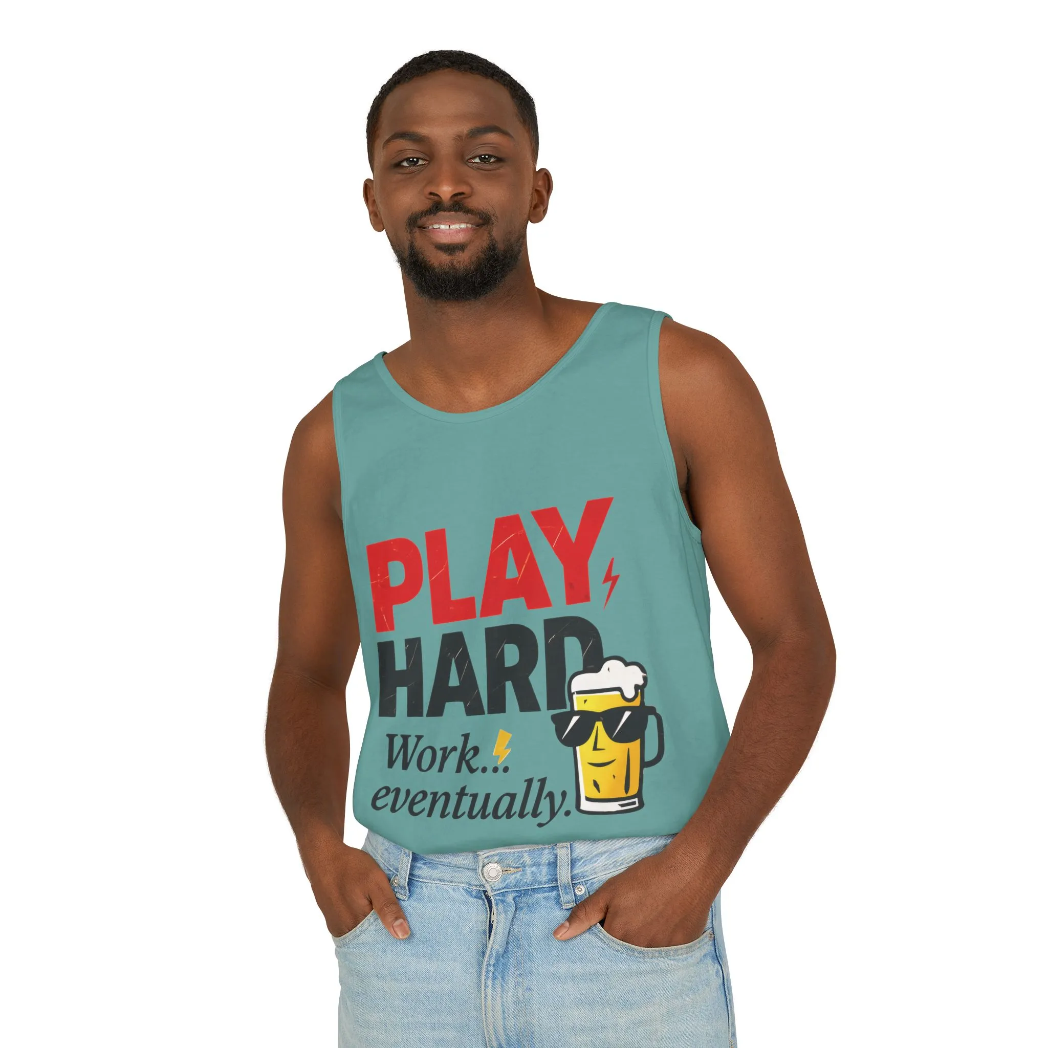 Casual Tank Top with Play Hard Print, Fun Summer Apparel, Gift for Dad or Friends, Beach Wear, Workout Top, Party Attire - Image 39