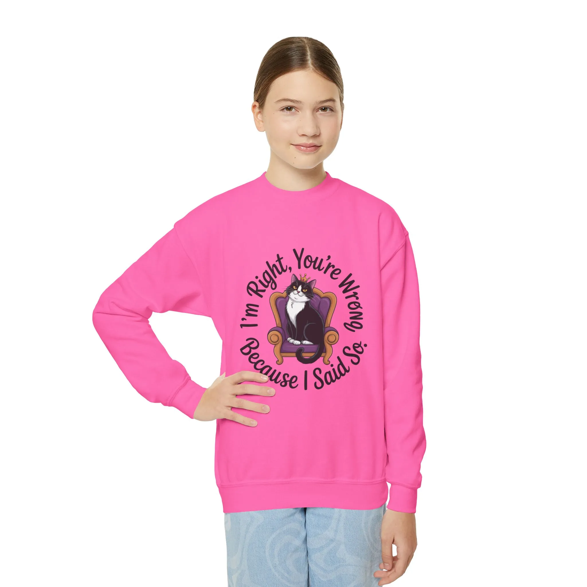 Youth Crewneck Sweatshirt, Funny Cat Sweatshirt for Girls, Im Right Youre Wrong, Tween Girl Attitude Pullover, Cute Gift for Cat Lovers - Image 7