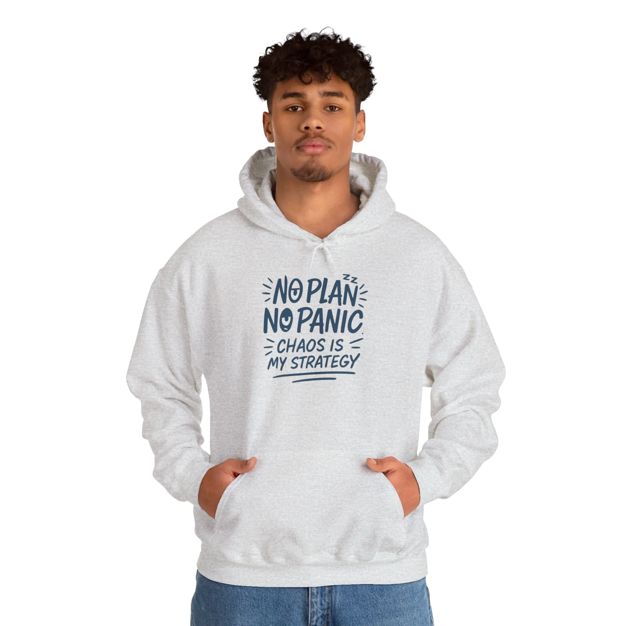 Funny Chaos Strategy Mens Hoodie, No Plan No Panic Quote Hoodie, Cozy Relaxed Fit Pullover, Humorous Gift for Him, Unisex Pullover