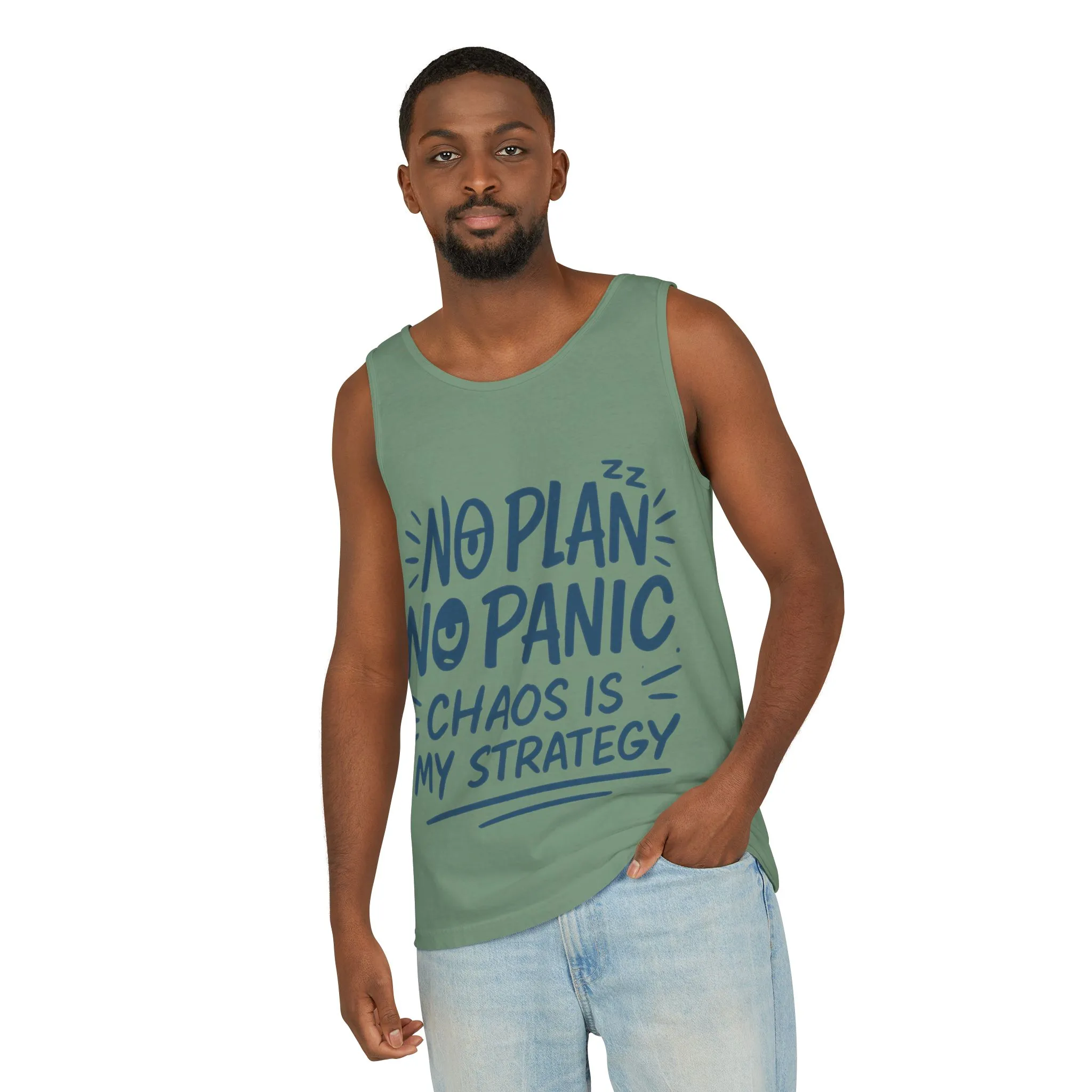 Funny Chaos Quote Mens Tank Top, No Plan No Panic Humor Shirt, Casual Graphic Tee Gift for Him, Relaxed Fit, Workout Gym Humor Shirt - Image 38