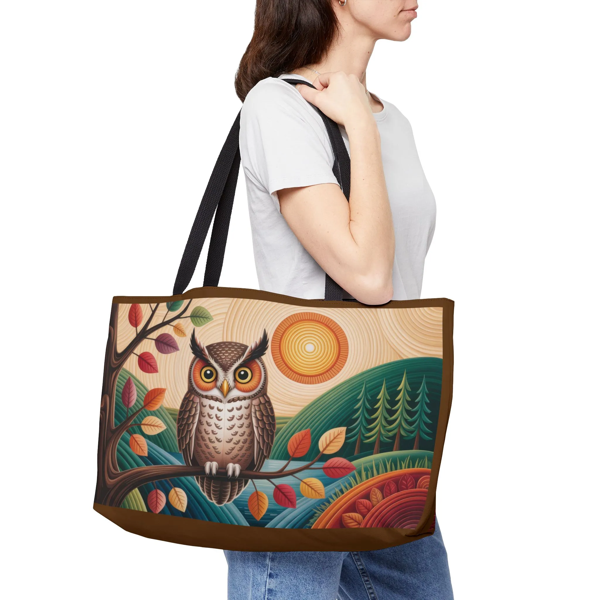 Owl Weekender Bag, Autumn Forest Art Tote, Large Travel Bag with Colorful Fall Leaves, Boho Woodland Gift, Beach Bag