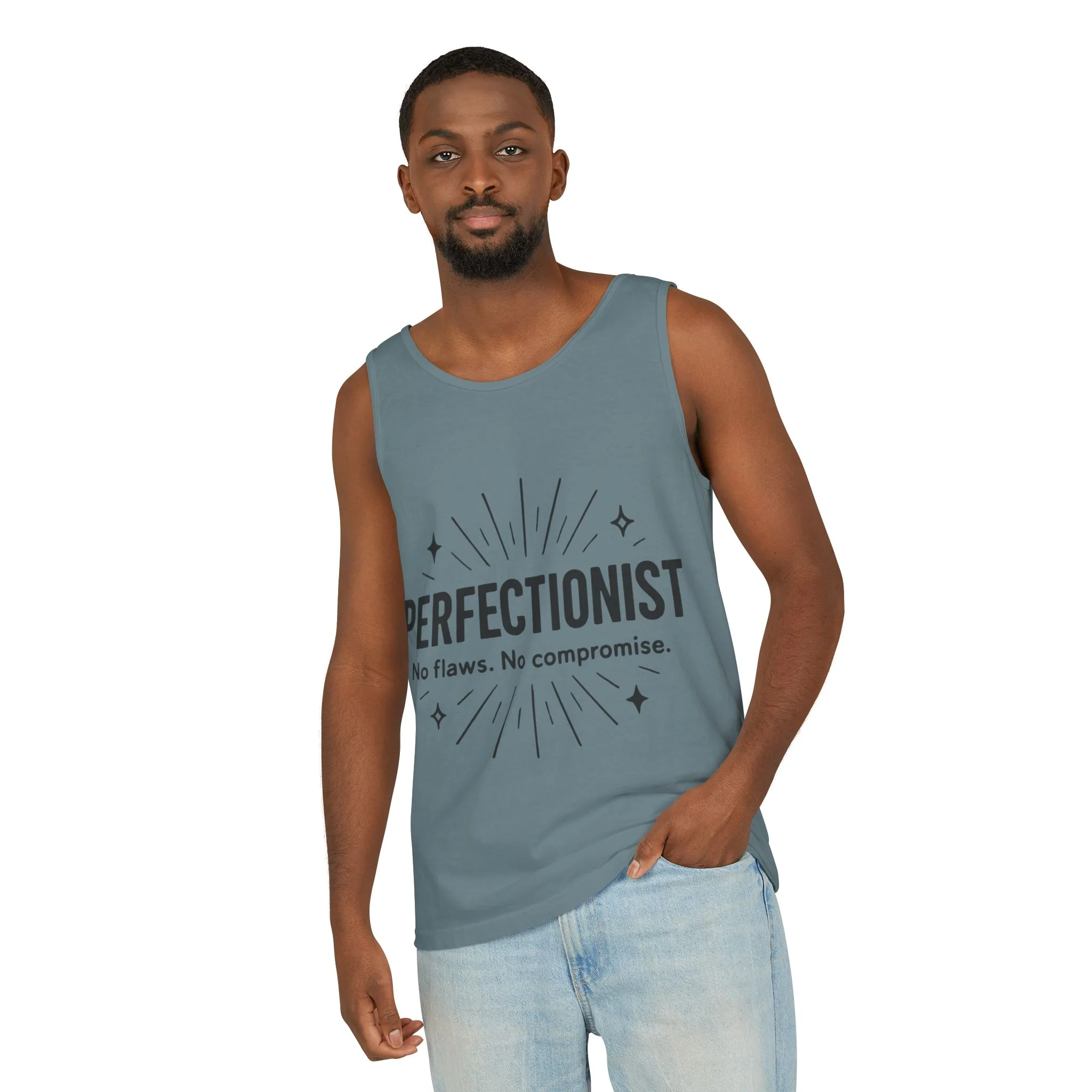 Mens Perfectionist Tank Top, No Flaws No Compromise, Minimal Bold Graphic Tee, Gift for OCD, Clean Freak, or Detail-Oriented Men - Image 18
