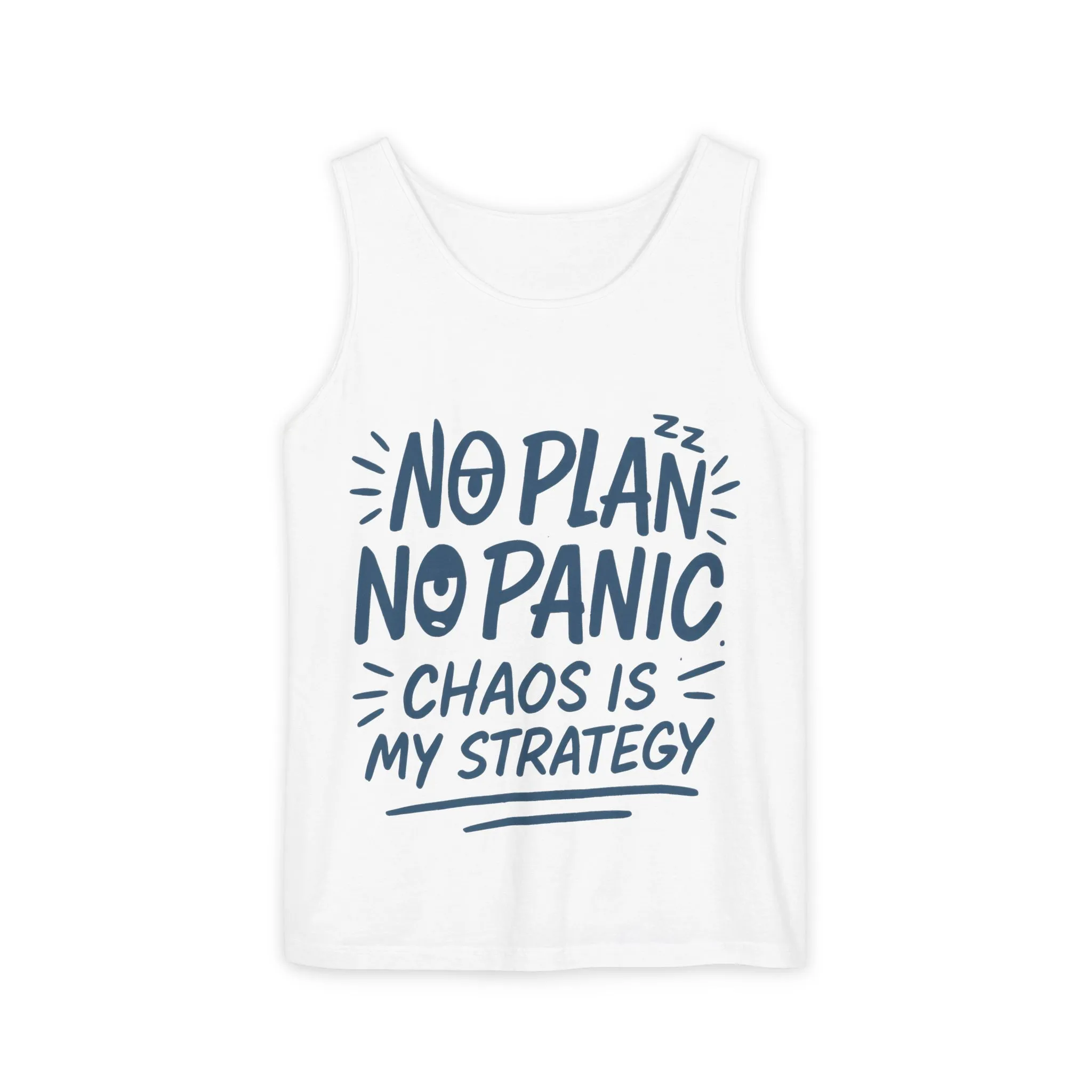 Funny Chaos Quote Mens Tank Top, No Plan No Panic Humor Shirt, Casual Graphic Tee Gift for Him, Relaxed Fit, Workout Gym Humor Shirt - Image 4