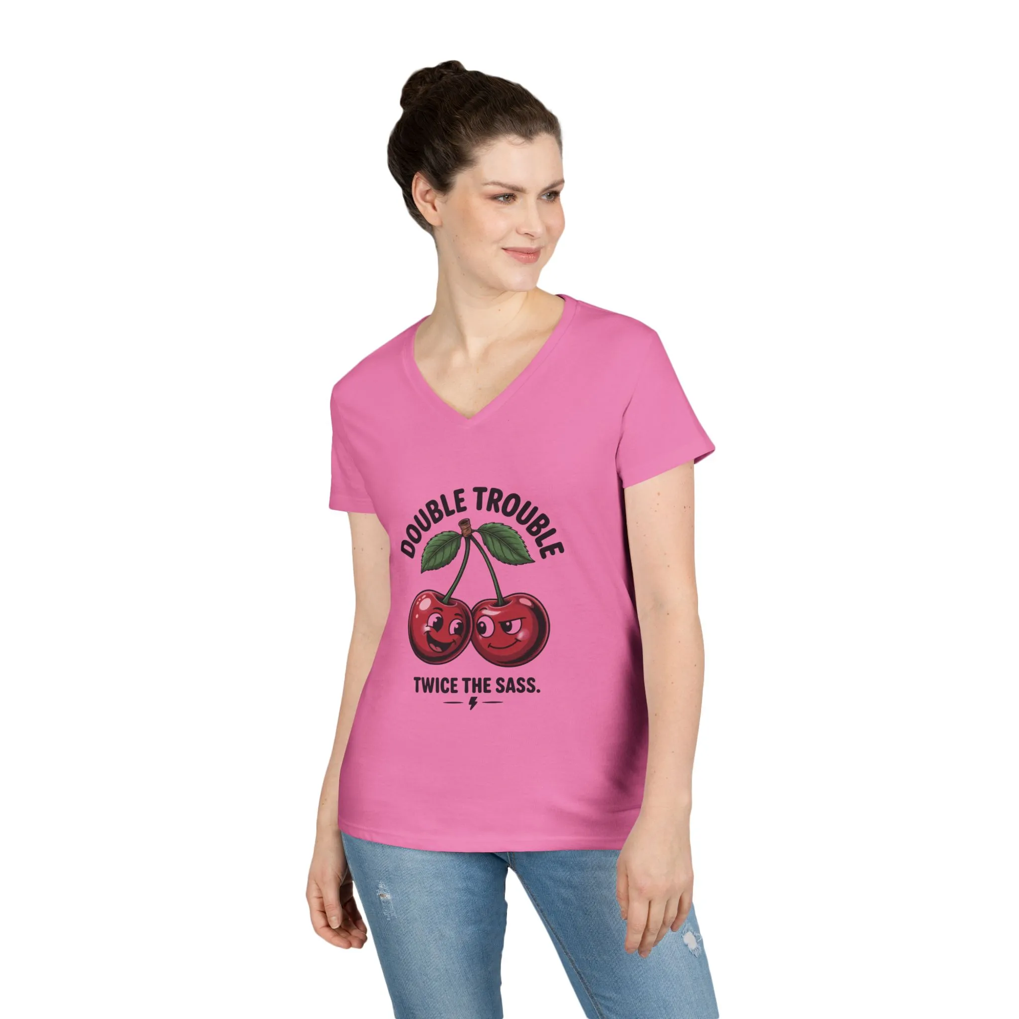 Double Trouble Cherry Ladies V-Neck T-Shirt, Funny Cute Womens T-Shirt, Twice the Sass Quote Shirt, Sassy Cherry Cartoon Gift - Image 15