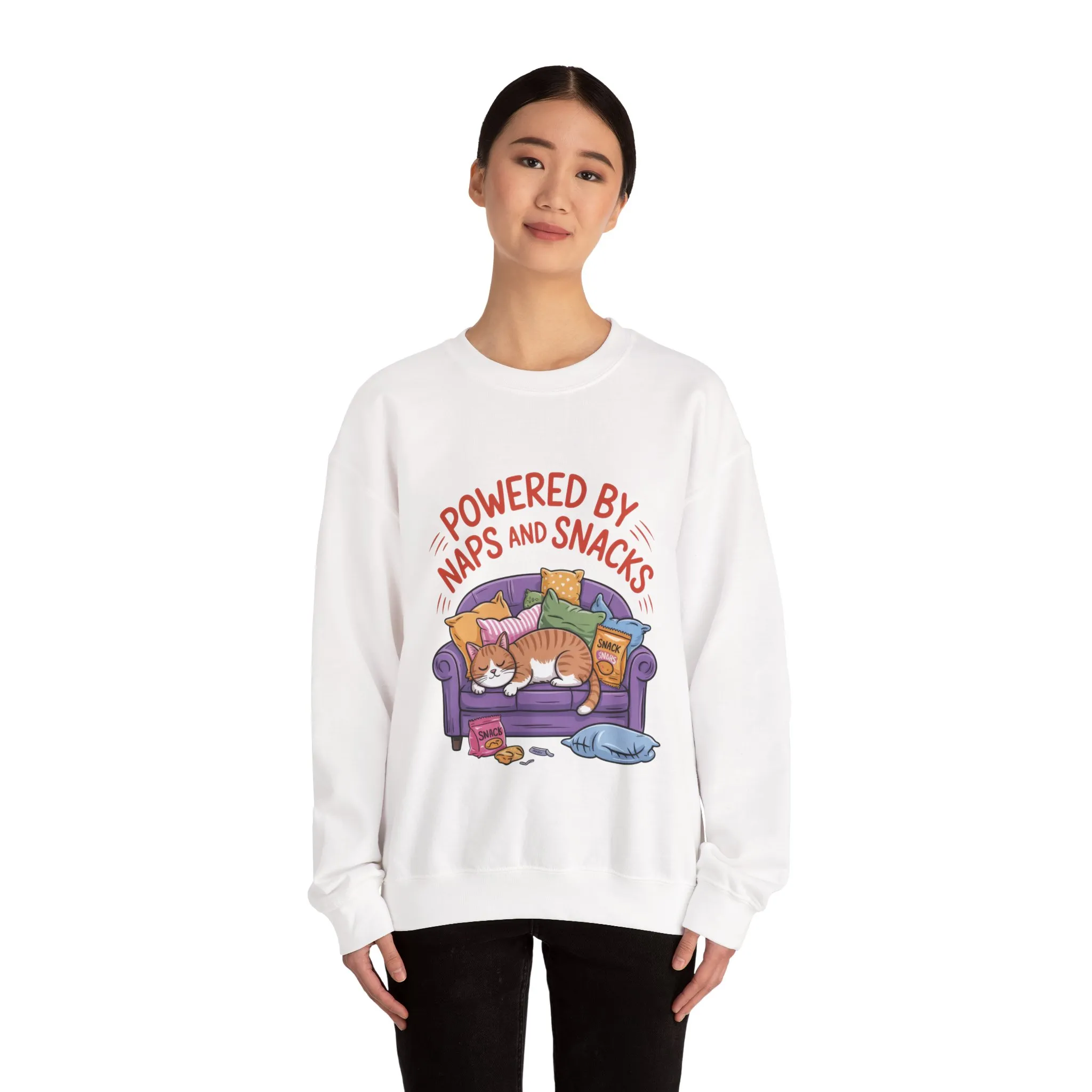 Powered by Naps and Snacks Sweatshirt, Cozy Lounge Crewneck, Gifts for Cat Lovers, Funny Cat Sweatshirt, Casual Everyday Wear - Image 5