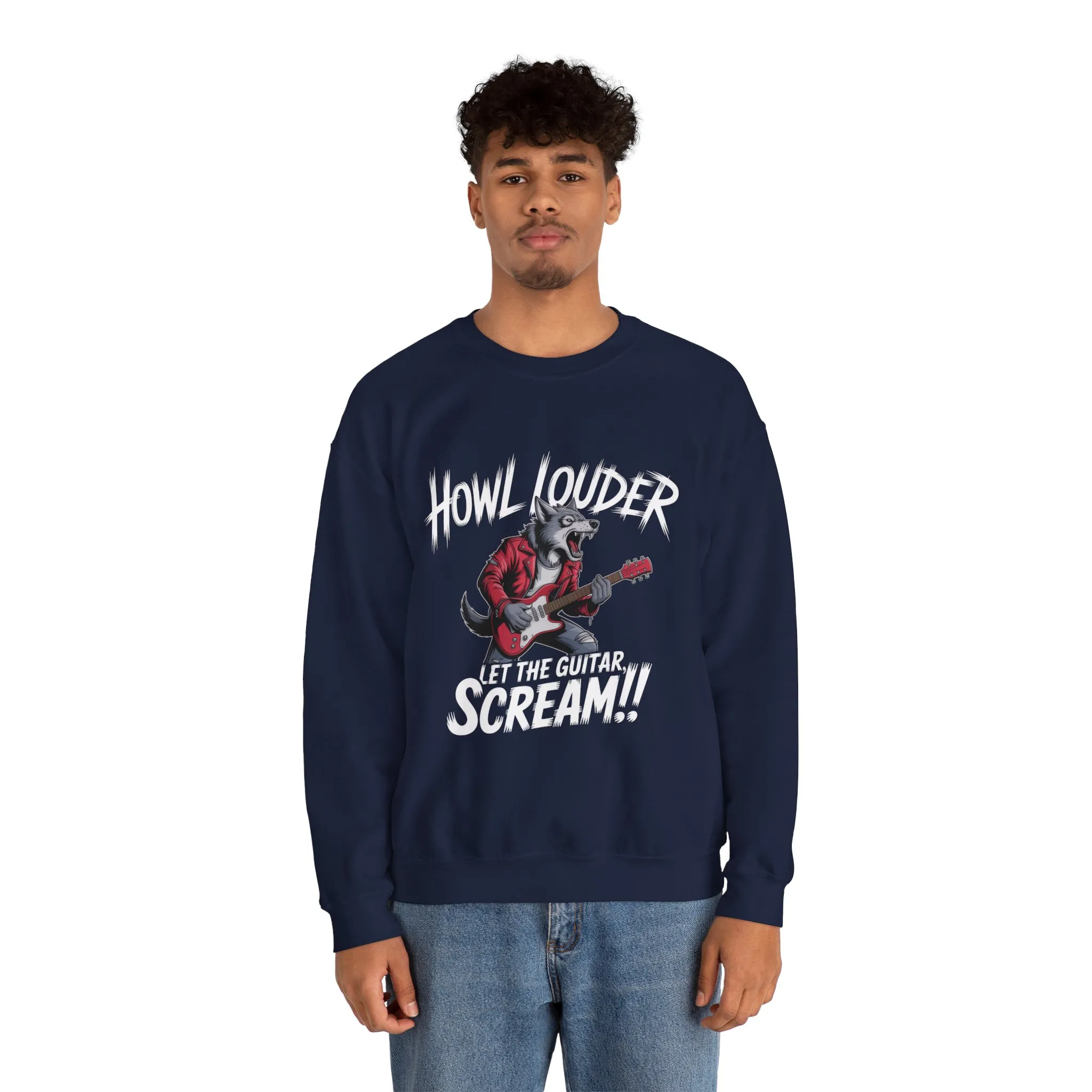 Howl Louder Wolf Sweatshirt, Let The Guitar Scream Pullover, Rock Guitar Animal Hoodie, Rocking Wolf Crewneck Sweatshirt, Music Lover Gift - Image 26