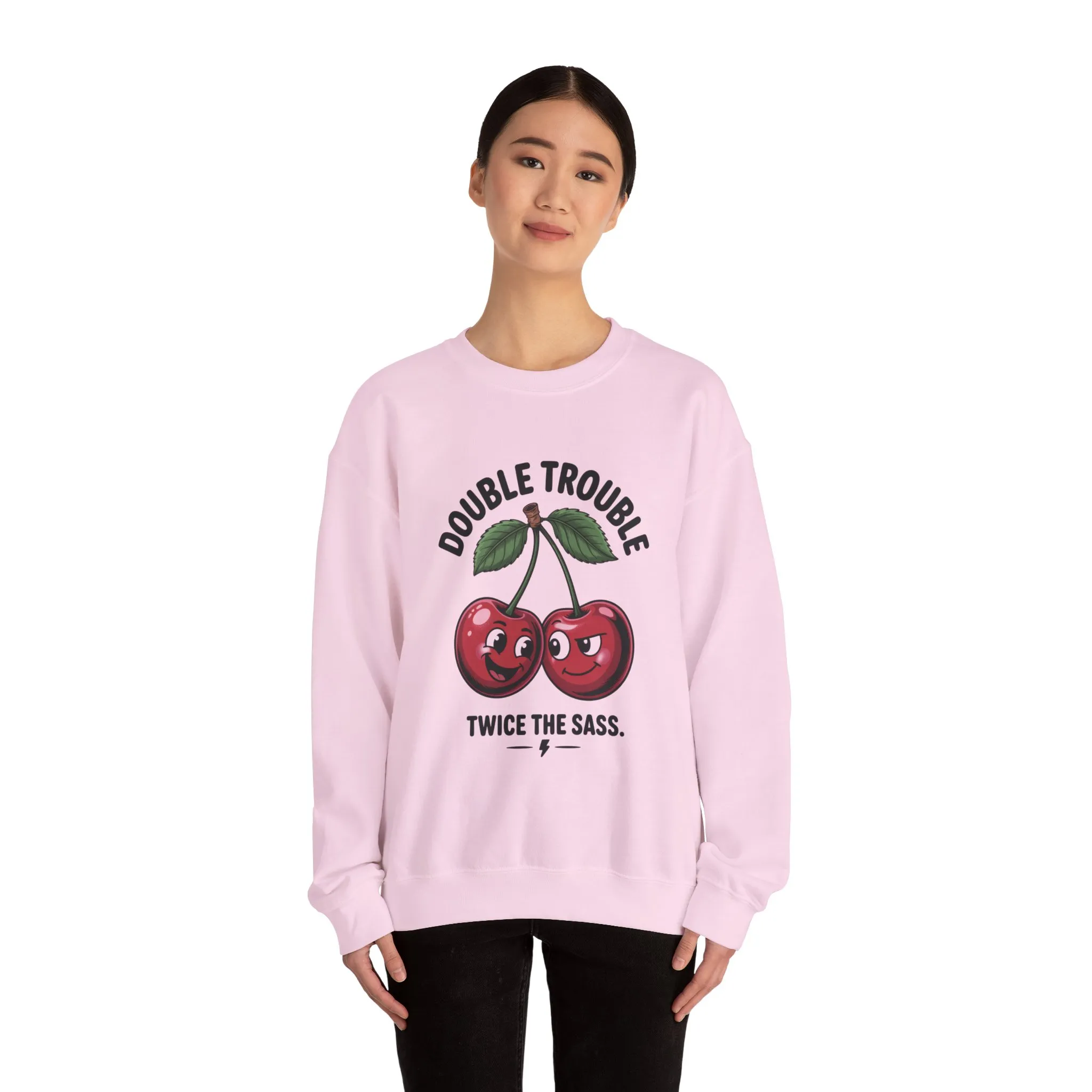 Double Trouble Cherry Sweatshirt, Cute Funny Womens Pullover, Twice The Sass Fruit Graphic Sweater, Playful Red Cherry Crewneck - Image 23