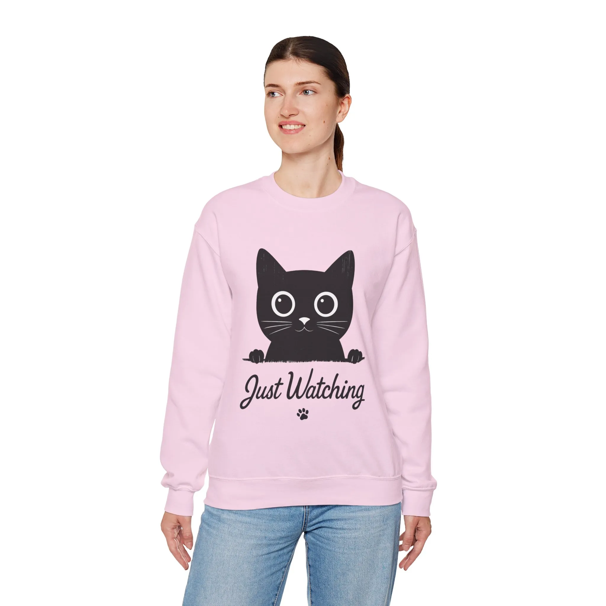 Funny Black Cat Womens Crewneck Sweatshirt - Just Watching Minimalist Kitty Pullover - Cozy Cat Lover Gift, Pet Owner Apparel - Image 24