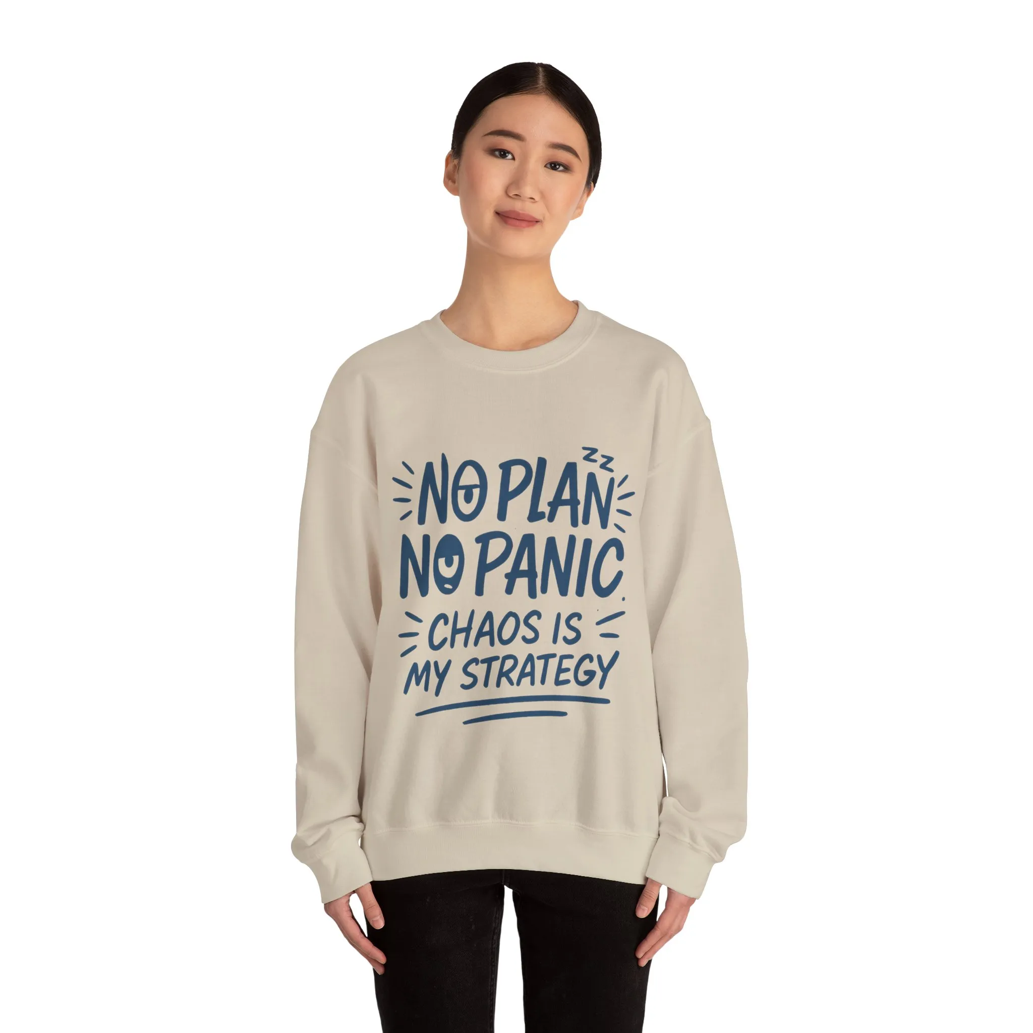 Funny Women's Crewneck Sweatshirt, Chaos Strategy Sweatshirt, No Plan No Panic, Cute Winter Layering for Women, Humorous Gift Idea - Image 35
