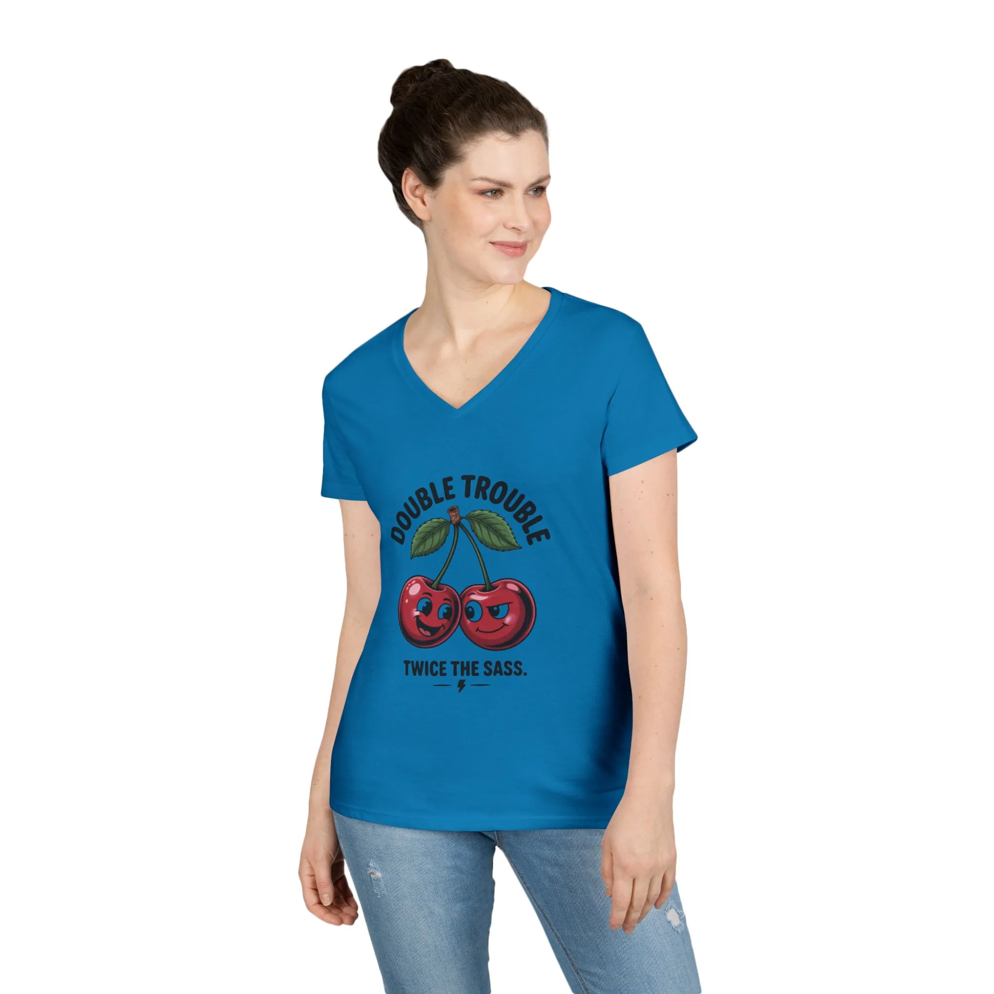 Double Trouble Cherry Ladies V-Neck T-Shirt, Funny Cute Womens T-Shirt, Twice the Sass Quote Shirt, Sassy Cherry Cartoon Gift - Image 12