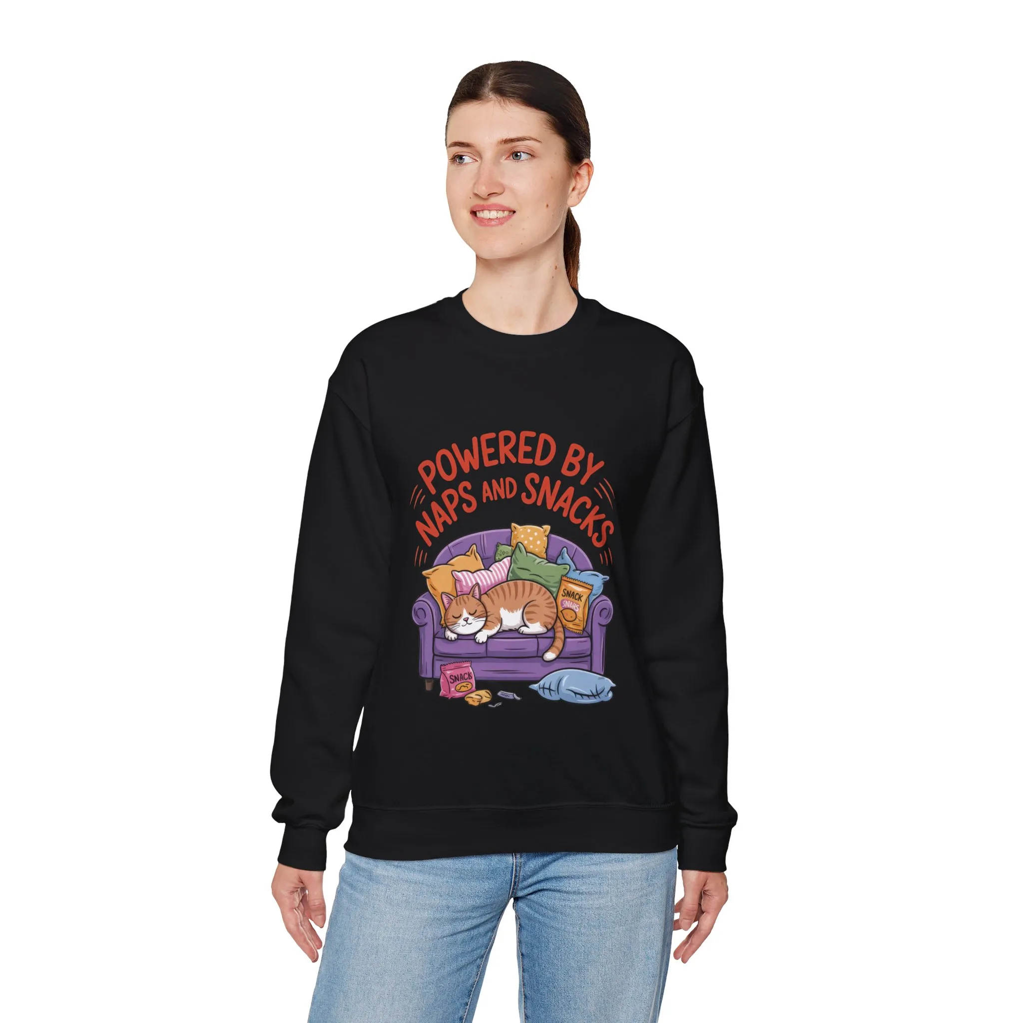 Powered by Naps and Snacks Sweatshirt, Cozy Lounge Crewneck, Gifts for Cat Lovers, Funny Cat Sweatshirt, Casual Everyday Wear - Image 9