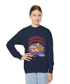 Youth Sweatshirt - Powered by Naps and Snacks, Cozy Apparel for Kids, Perfect for Chill Days, Gift for Cat Lovers, Funny Sweatshirt