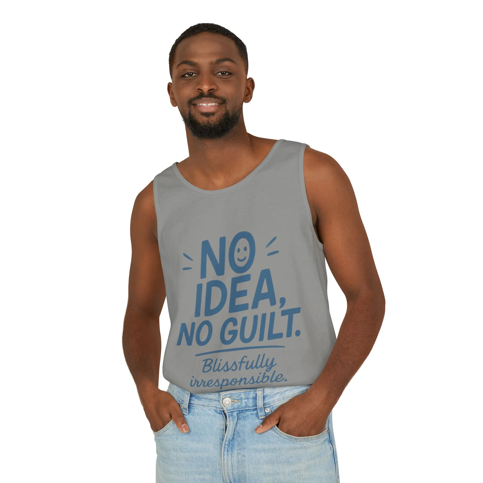 Mens Funny Tank Top, No Idea No Guilt Quote, Blissfully Irresponsible Gym Shirt, Casual Sleeveless Top, , Fun Party Shirt - Image 36