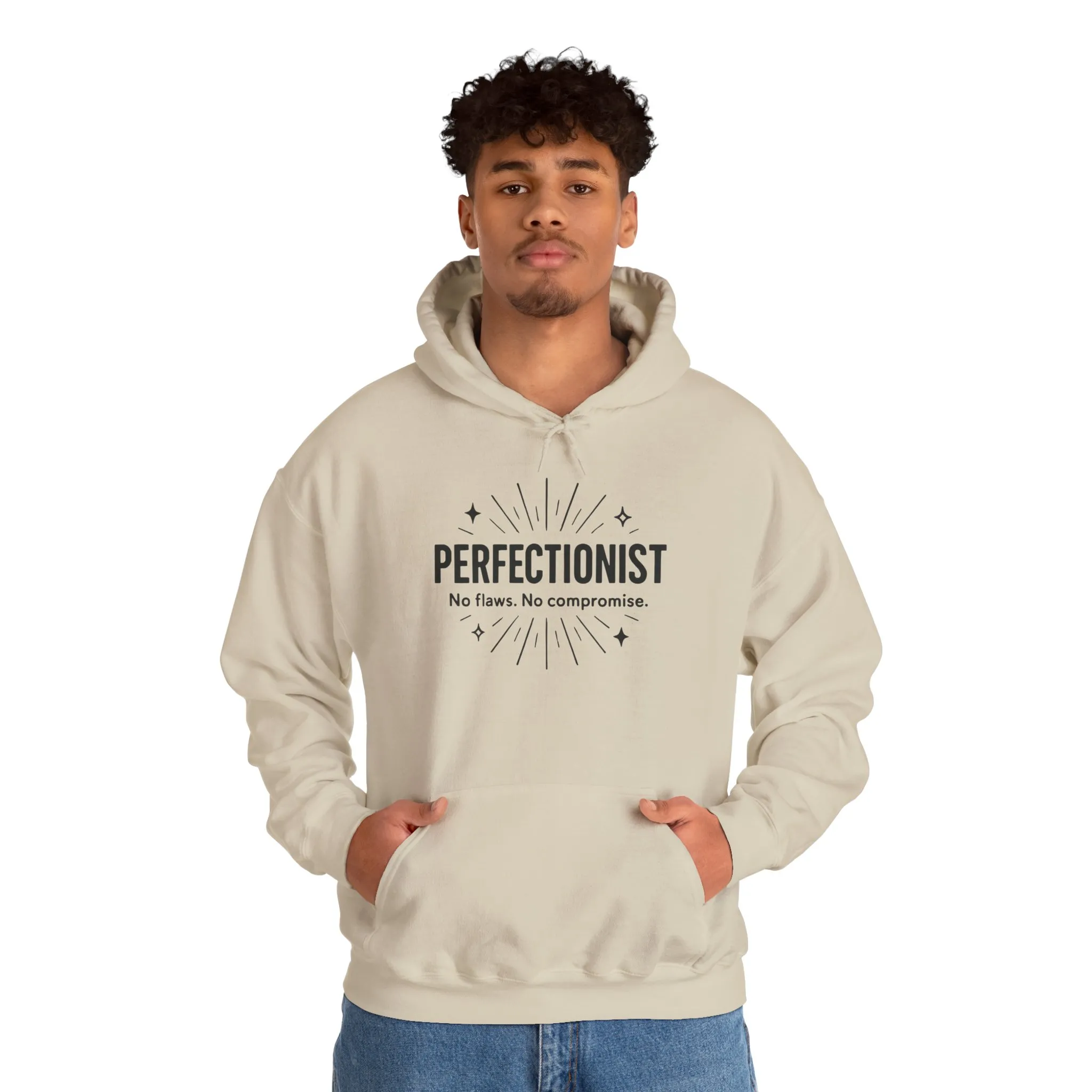 Mens Perfectionist Hoodie, No Flaws No Compromise Sweatshirt, Clean Bold Motivational Pullover, OCD Inspired Gift for Him