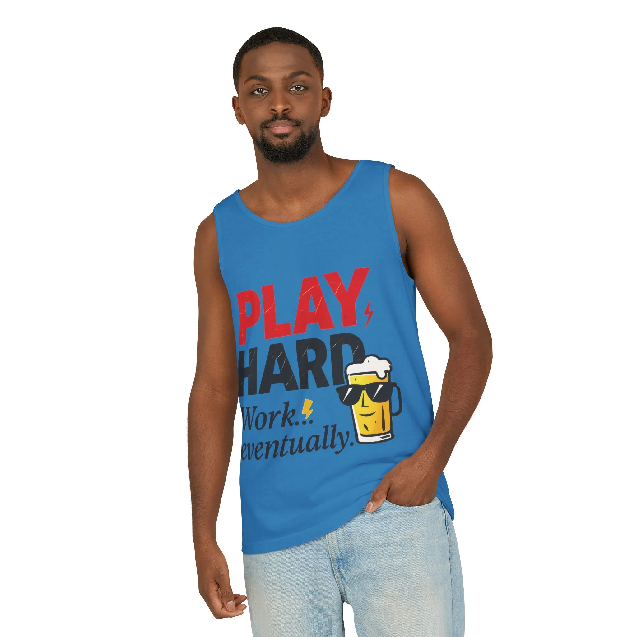 Casual Tank Top with Play Hard Print, Fun Summer Apparel, Gift for Dad or Friends, Beach Wear, Workout Top, Party Attire - Image 44