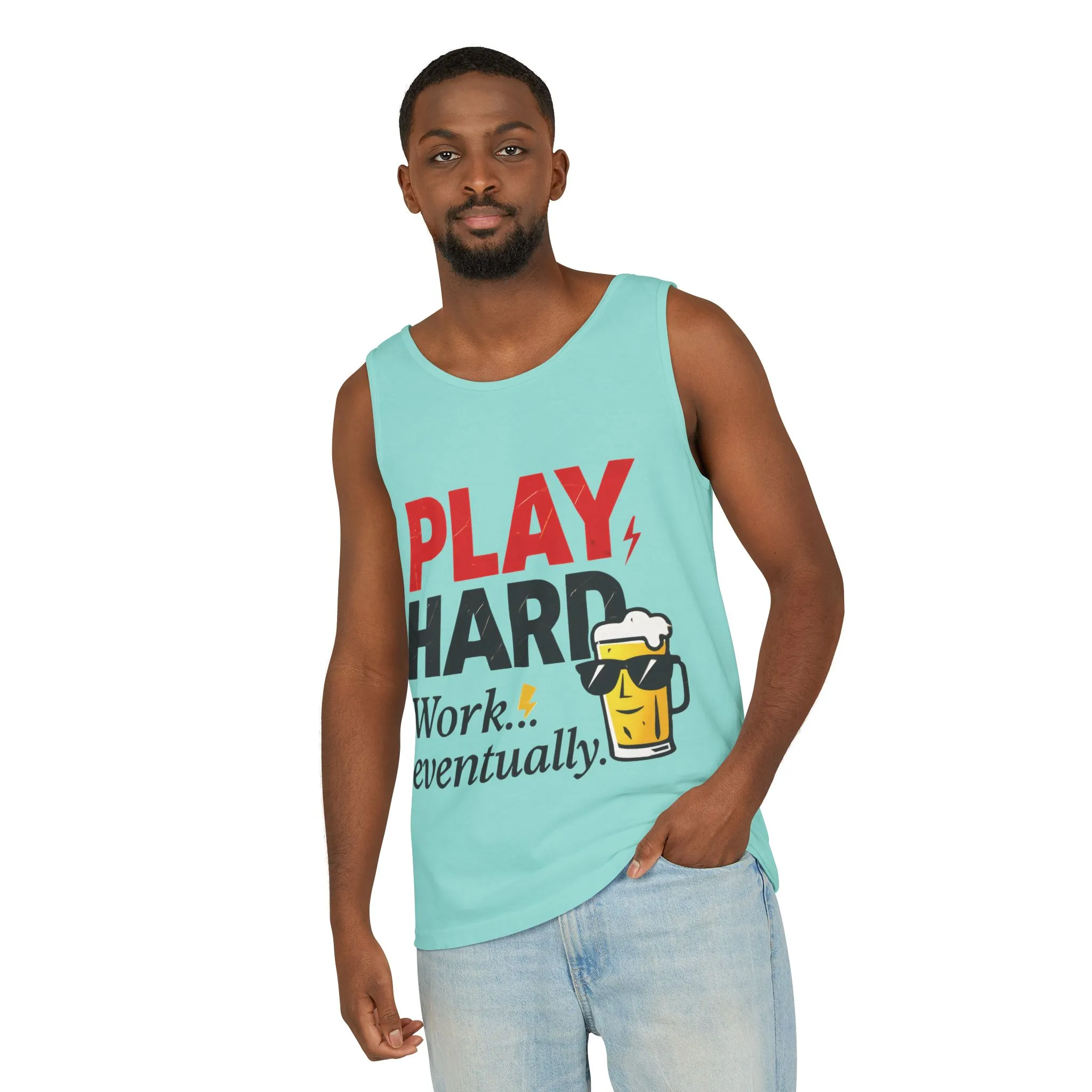 Casual Tank Top with Play Hard Print, Fun Summer Apparel, Gift for Dad or Friends, Beach Wear, Workout Top, Party Attire - Image 35
