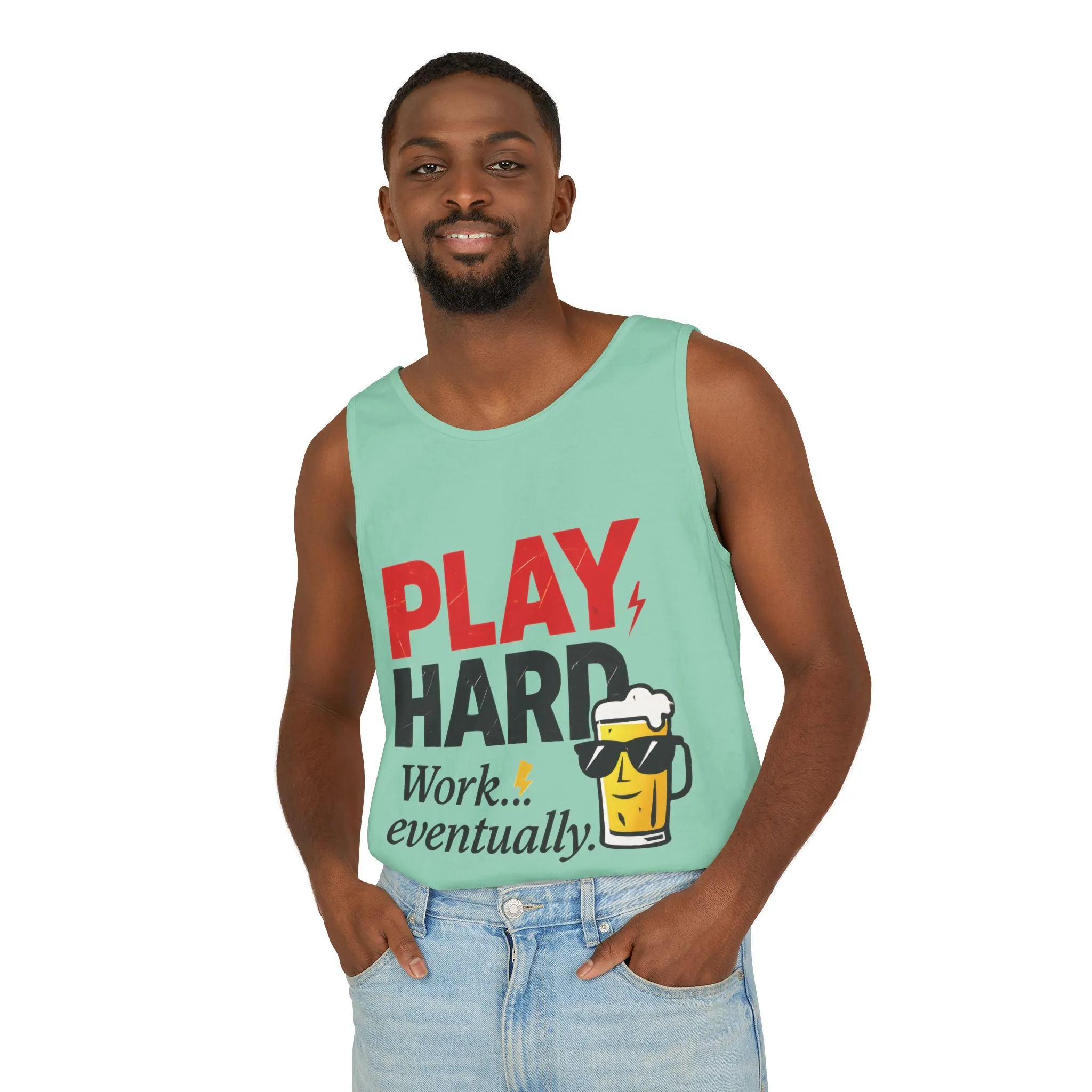 Casual Tank Top with Play Hard Print, Fun Summer Apparel, Gift for Dad or Friends, Beach Wear, Workout Top, Party Attire - Image 33