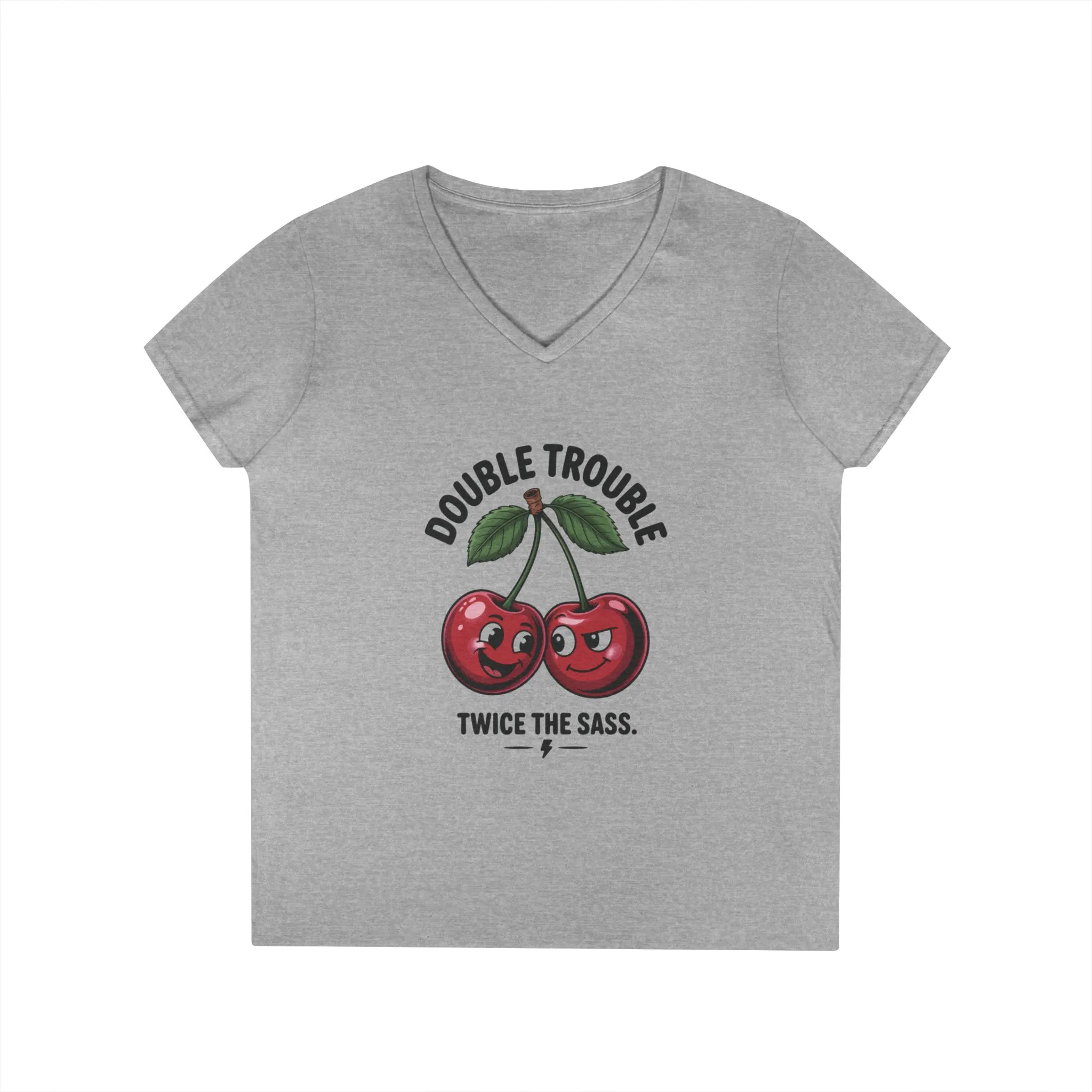 Double Trouble Cherry Ladies V-Neck T-Shirt, Funny Cute Womens T-Shirt, Twice the Sass Quote Shirt, Sassy Cherry Cartoon Gift - Image 4